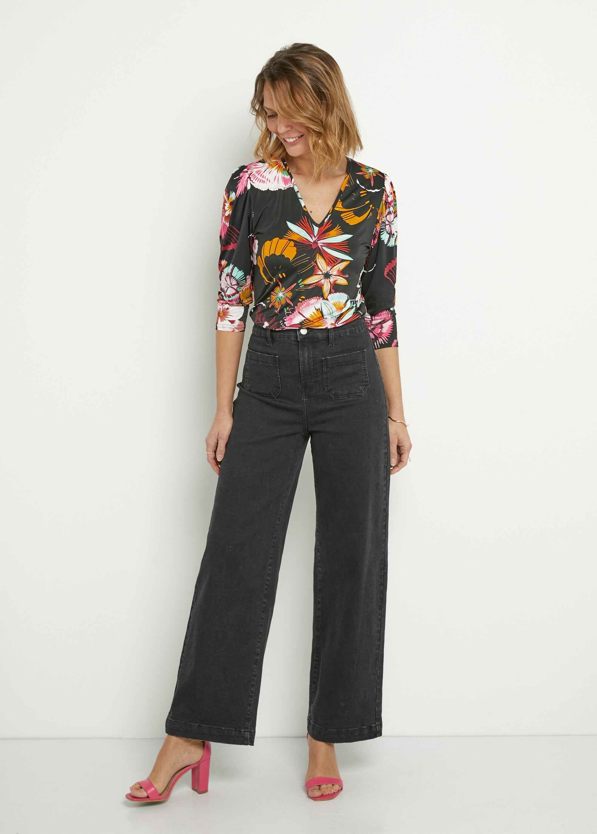 Stretch_tuniek_met_bloemenprint,_3/4_mouwen_Imprime_noir_SF1_slim
