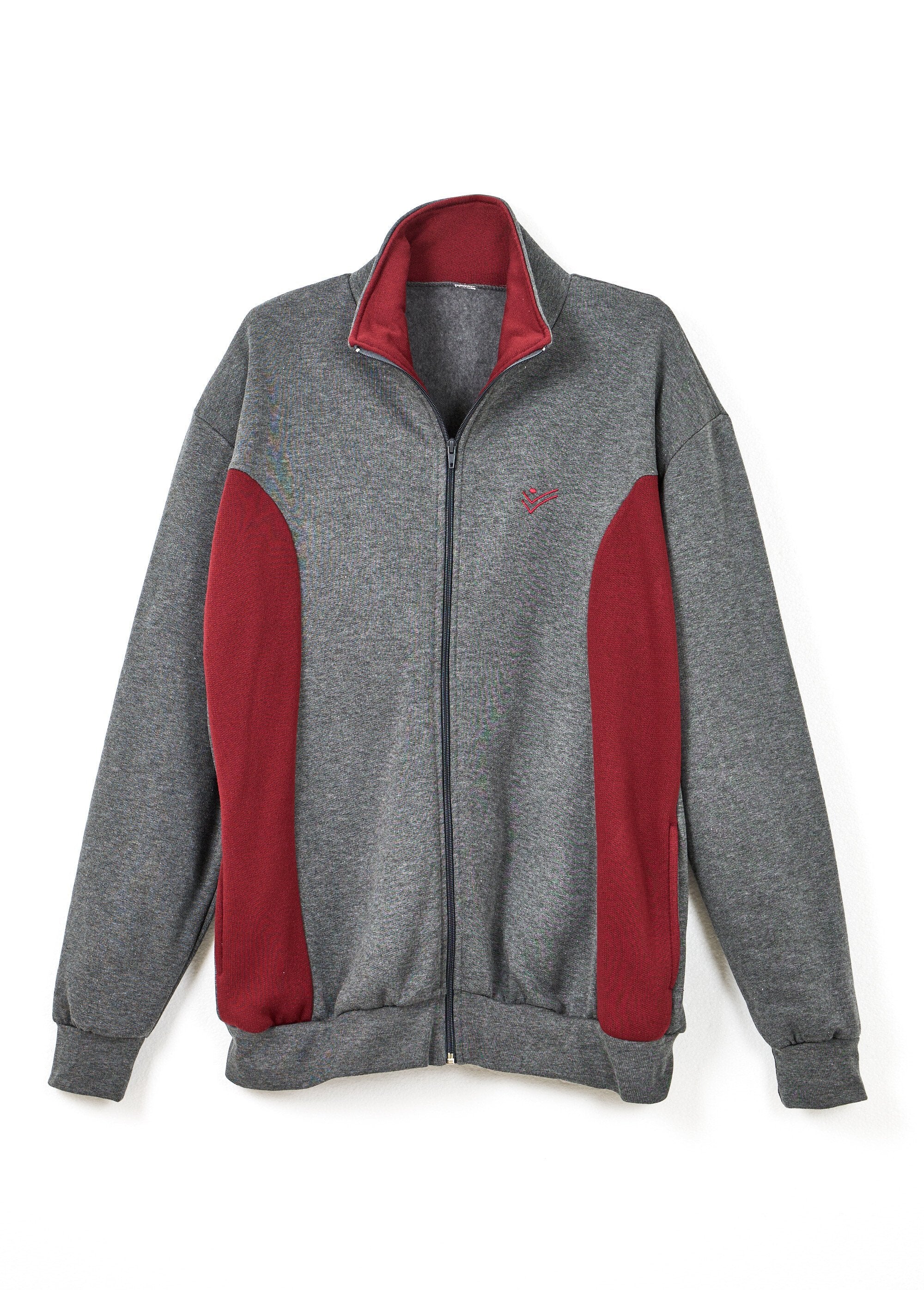 Tweekleurig_katoenen_fleece_zip-up_loungejack_Anthracite_et_bordeaux_AP1_slim