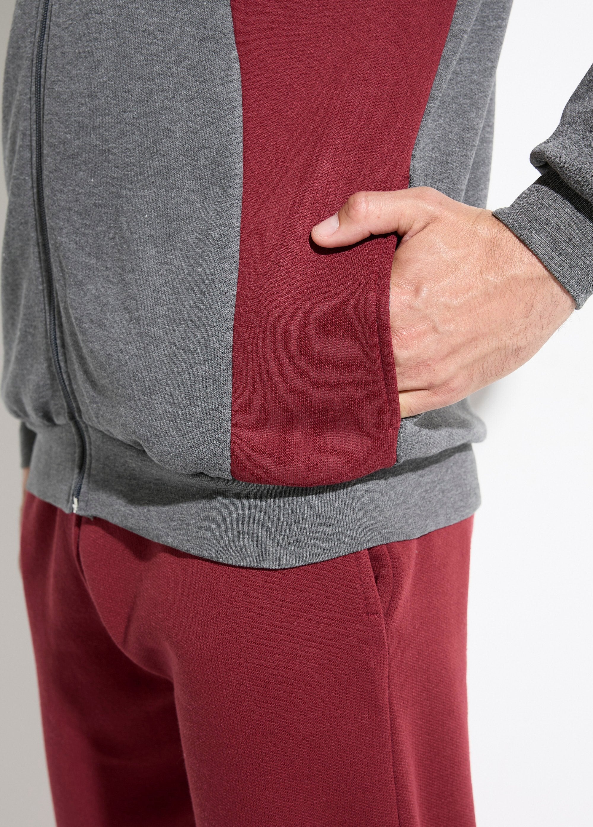 Tweekleurig_katoenen_fleece_zip-up_loungejack_Anthracite_et_bordeaux_DE2_slim