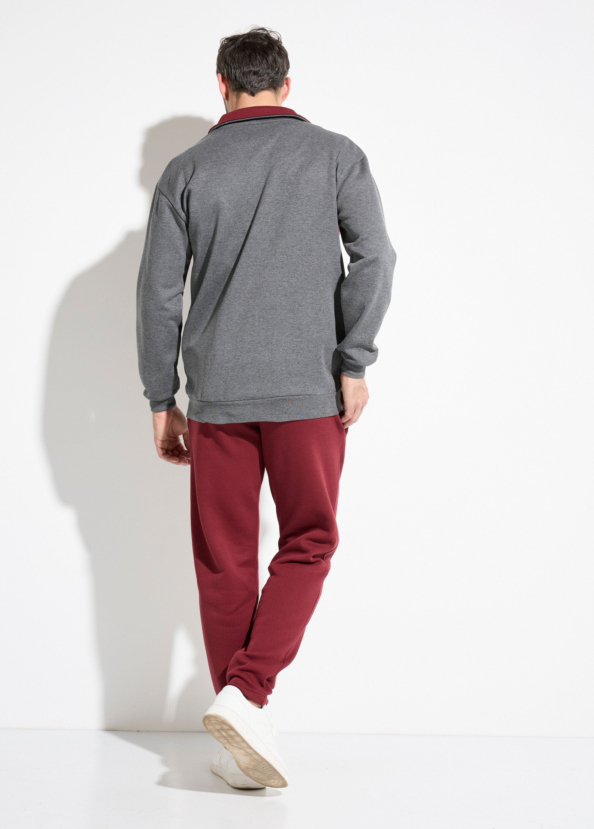 Tweekleurig_katoenen_fleece_zip-up_loungejack_Anthracite_et_bordeaux_DO1_slim