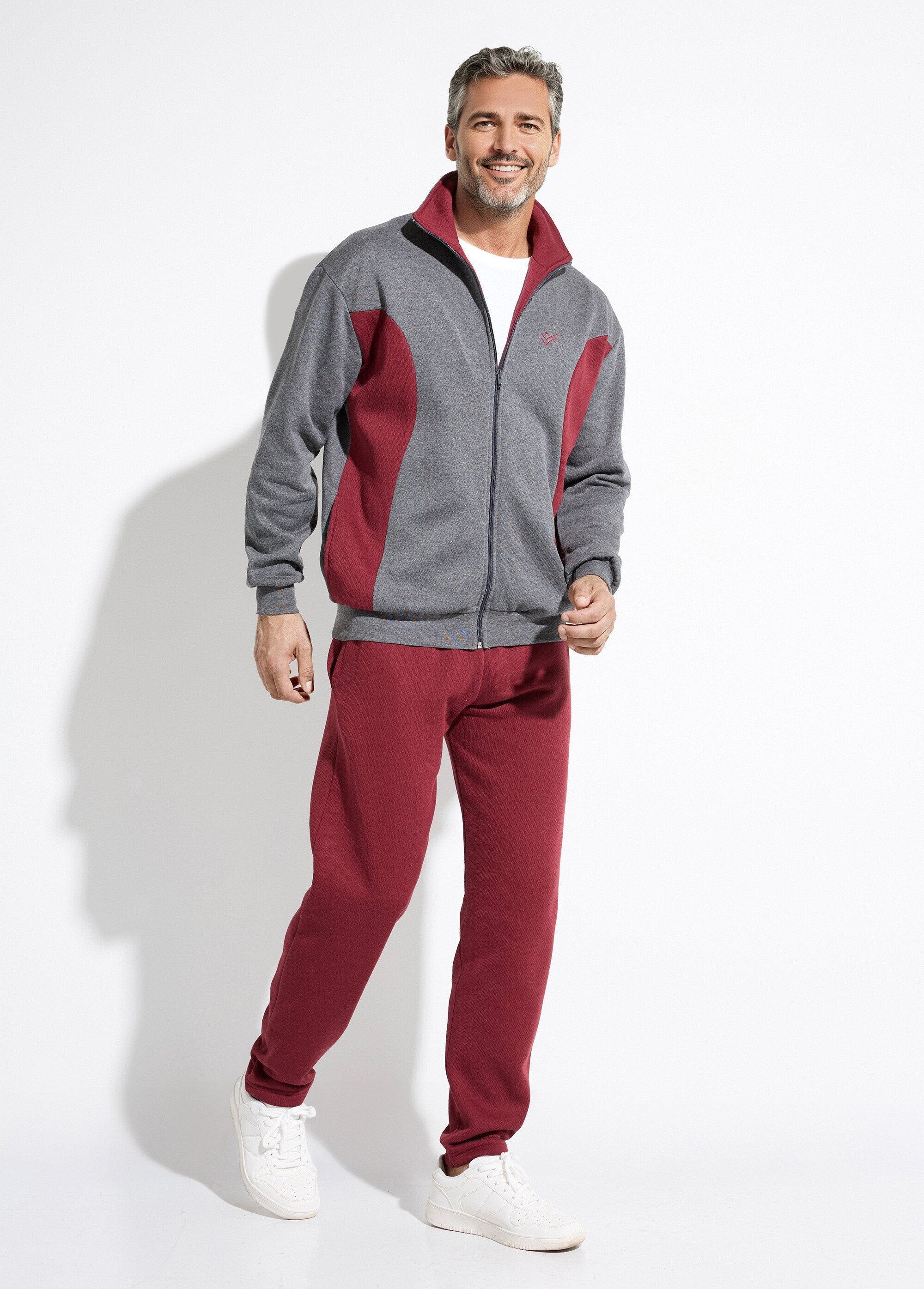 Tweekleurig_katoenen_fleece_zip-up_loungejack_Anthracite_et_bordeaux_SF1_slim