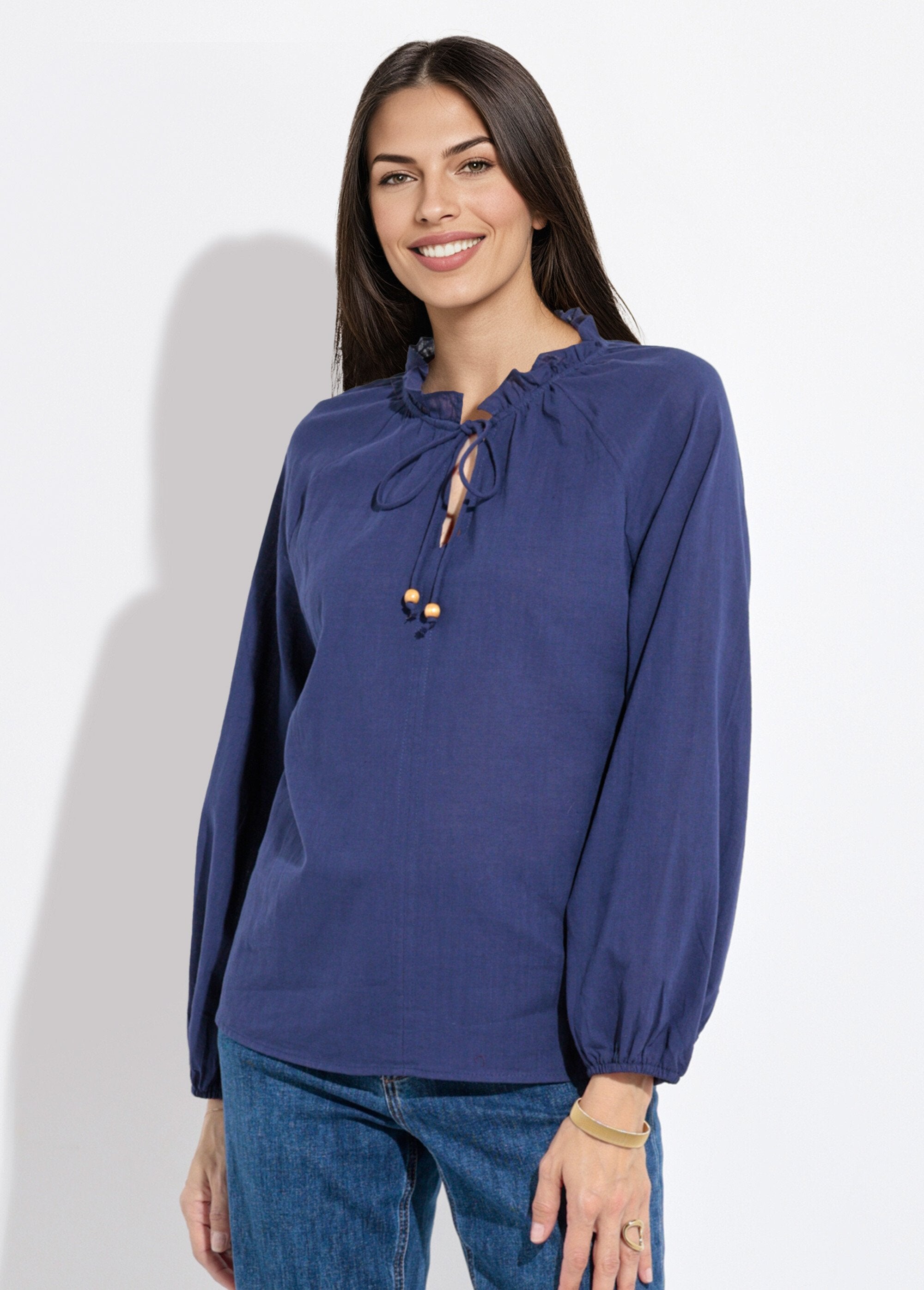 Losvallende_blouse_met_V-hals_en_striksluiting_Marine_FA1_slim