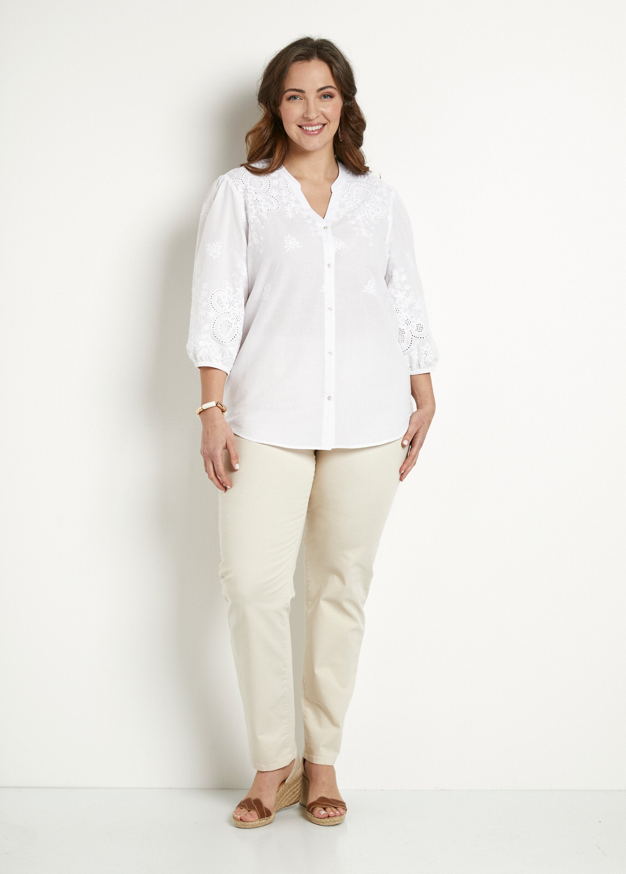 Lange_geborduurde_katoenen_blouse,_3/4_mouwen_Blanc_SF1_curvy