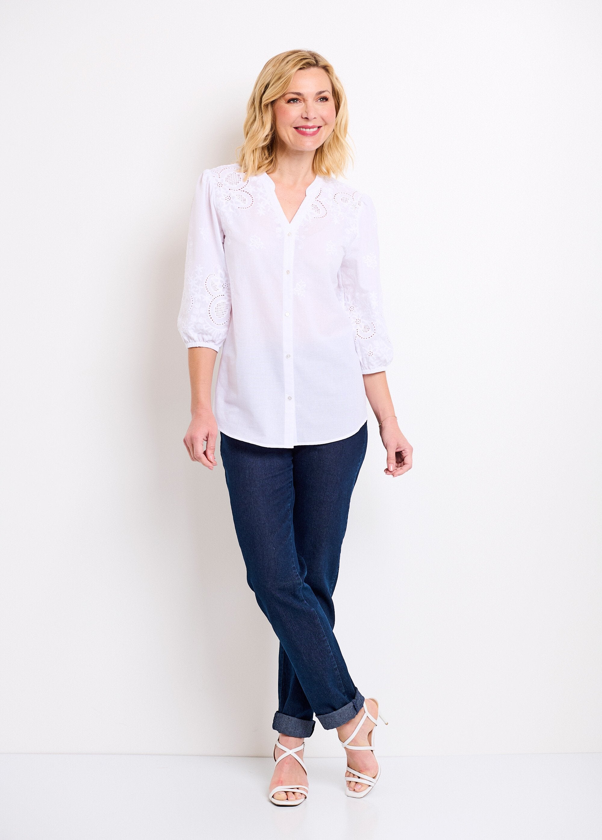 Lange_geborduurde_katoenen_blouse,_3/4_mouwen_Blanc_SF1_slim