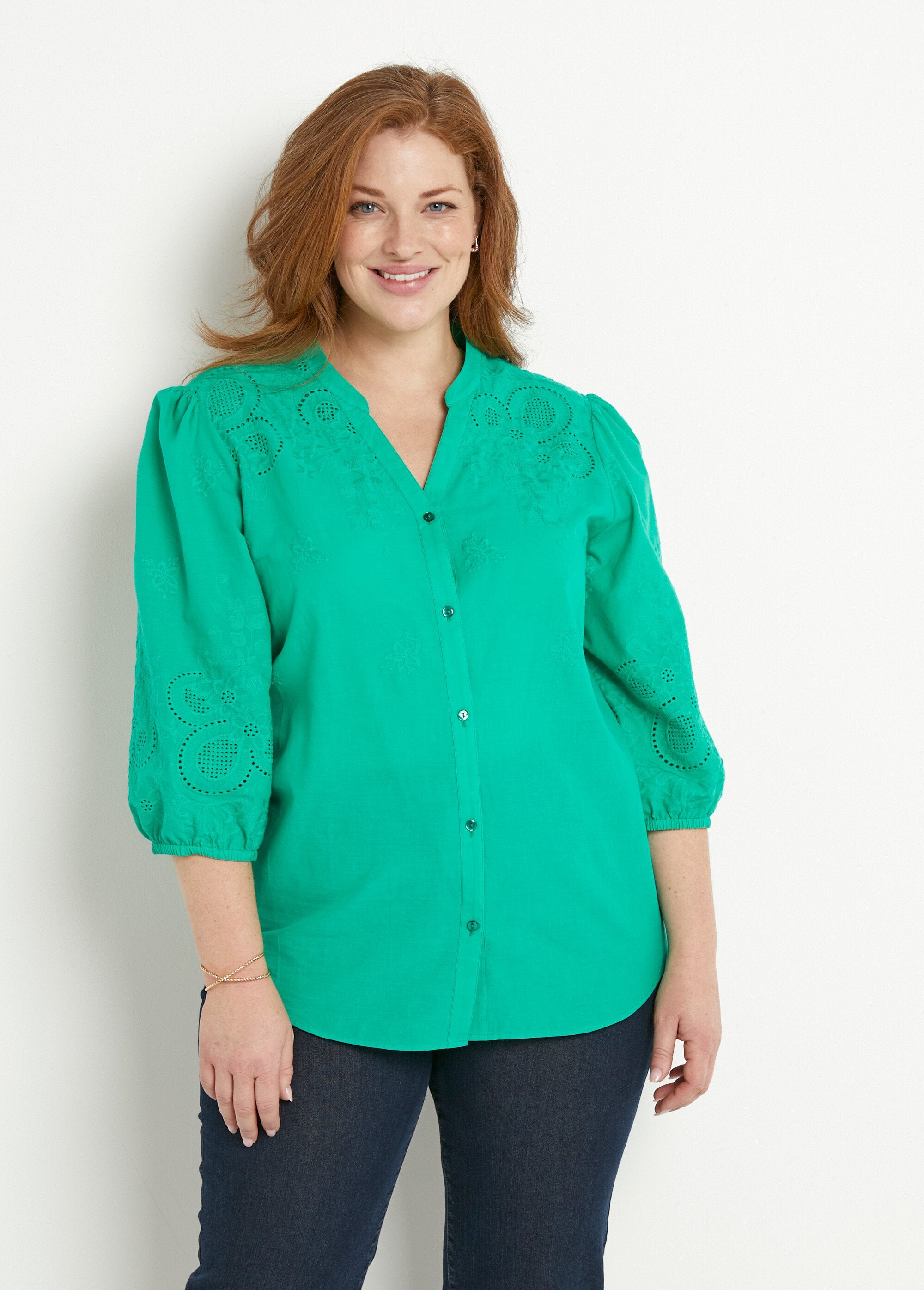 Lange_geborduurde_katoenen_blouse,_3/4_mouwen_Vert_FA1_curvy