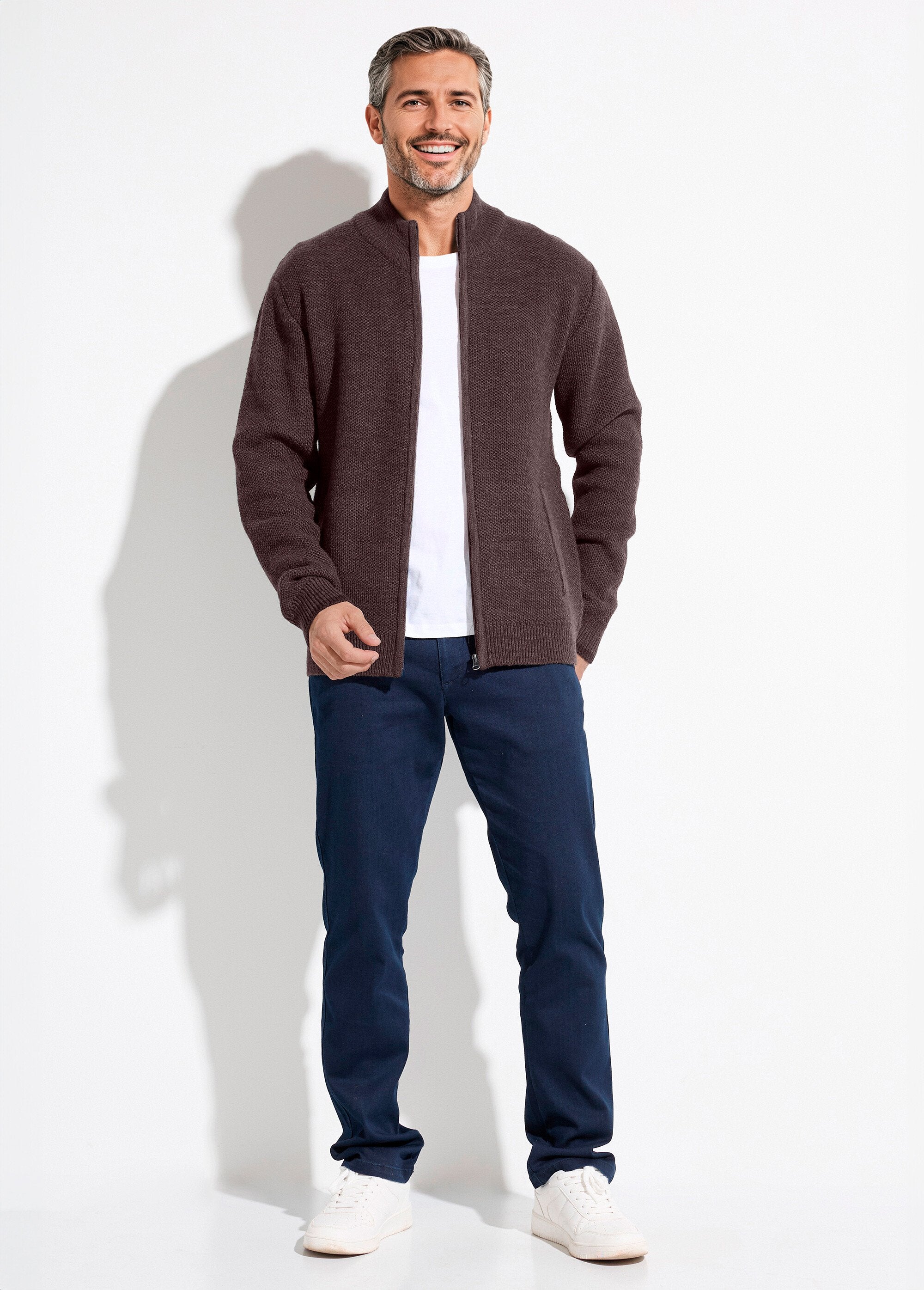 Vest_met_rits_en_opstaande_kraag_in_gevlekte_gebreide_wol_Marron_SF1_slim