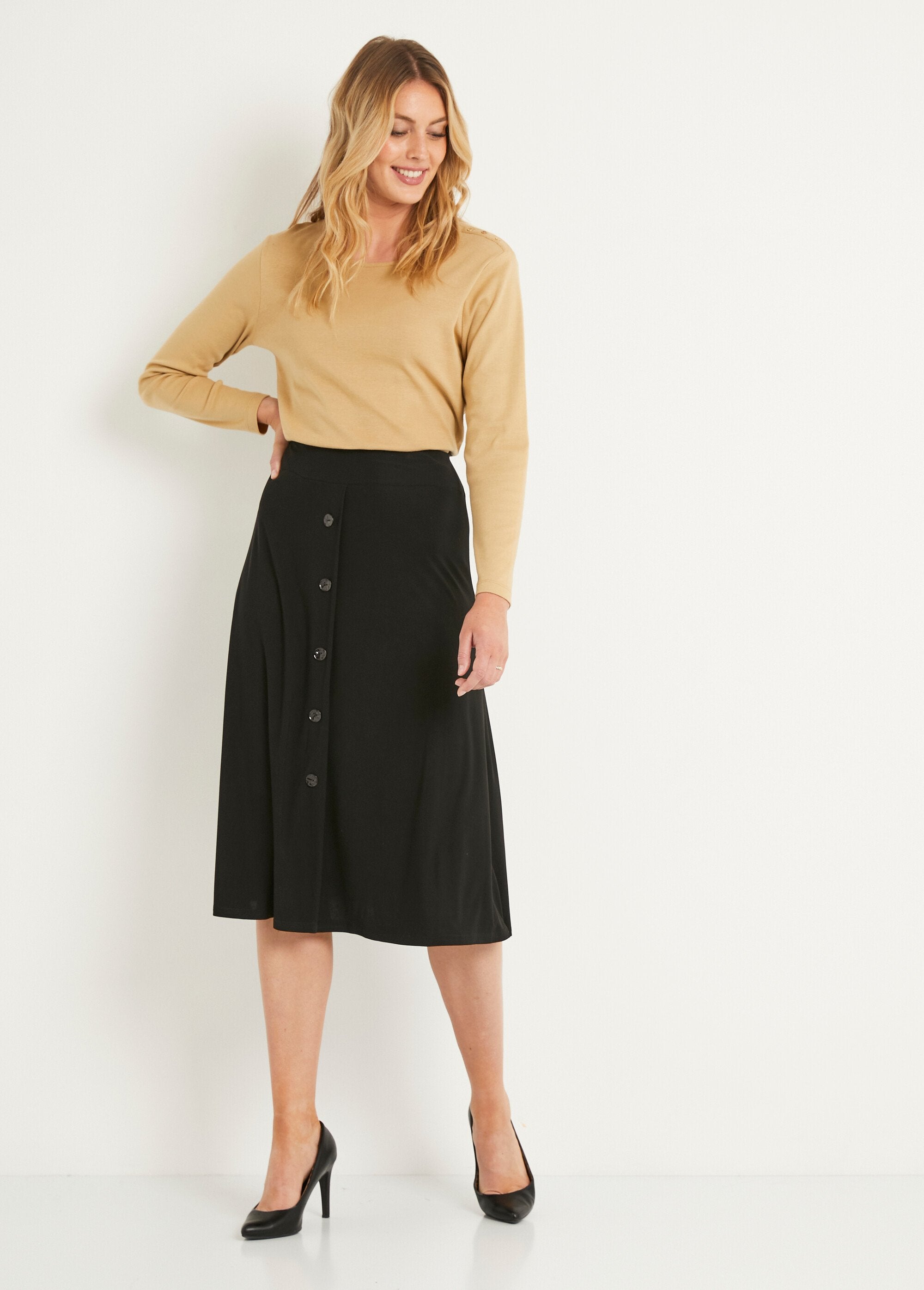 Lange_effen_uitlopende_rok_met_elastische_tailleband_Noir_SF1_slim