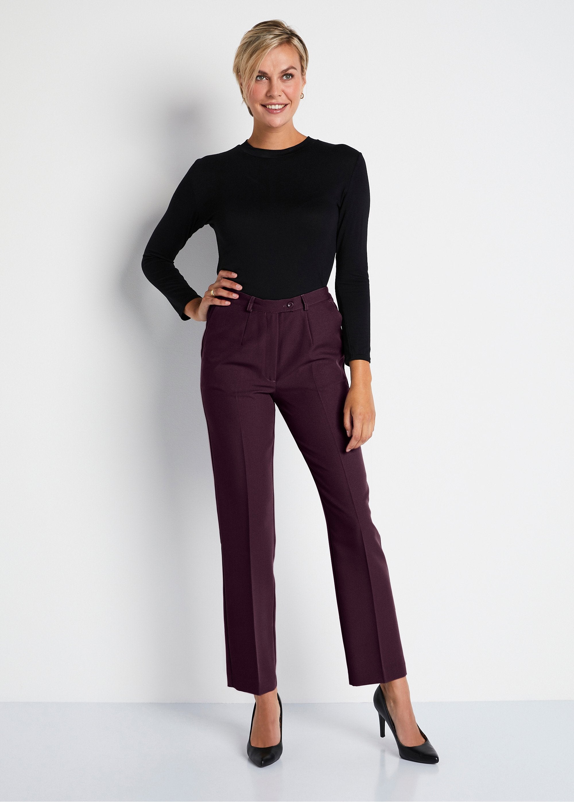 Rechte_broek_met_semi-elastische_tailleband_van_kreukvrije_stof_Pruim_SF1_slim