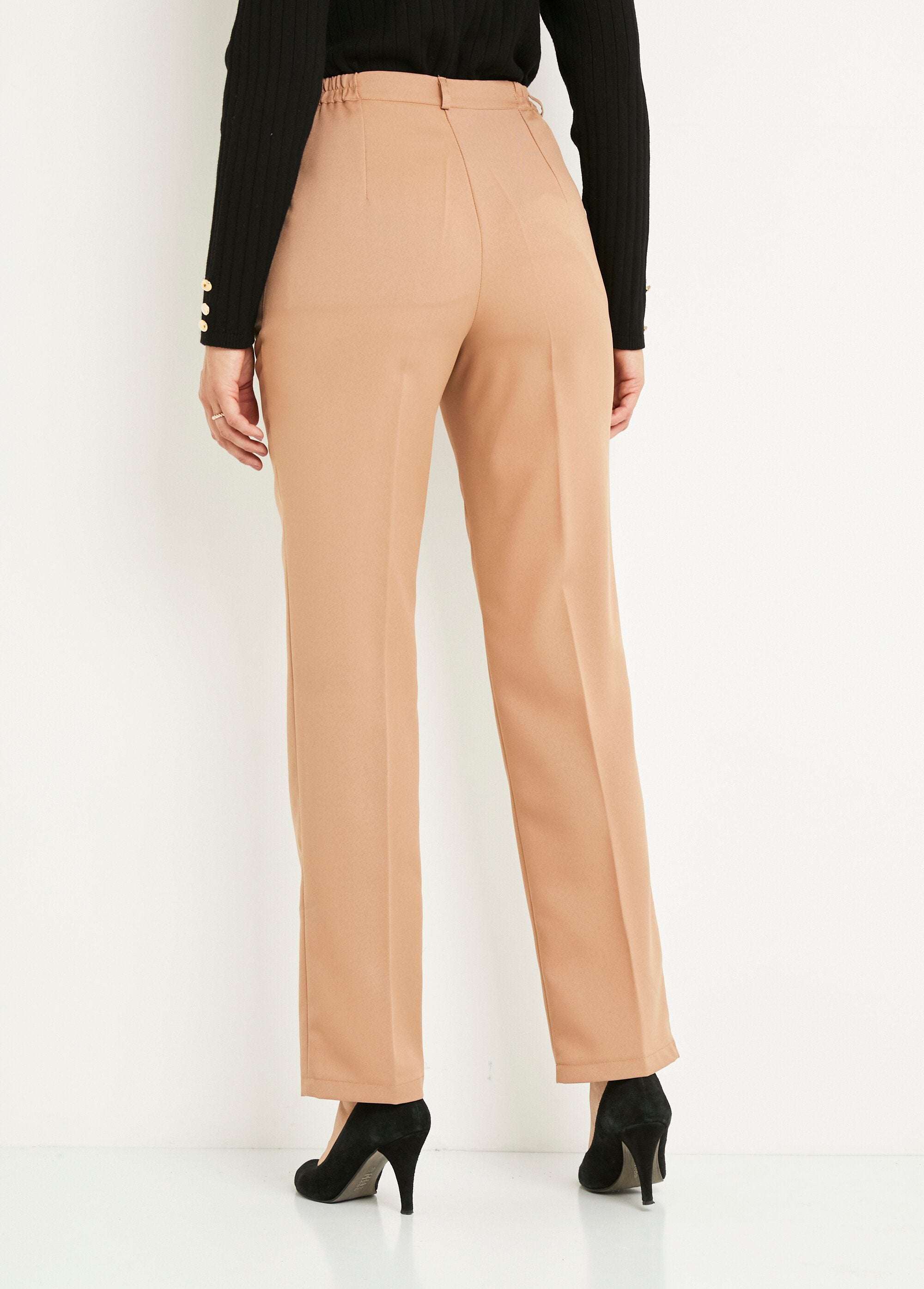 Effen_broek_met_rechte_pijpen_en_semi-elastische_tailleband_Beige_DO1_slim