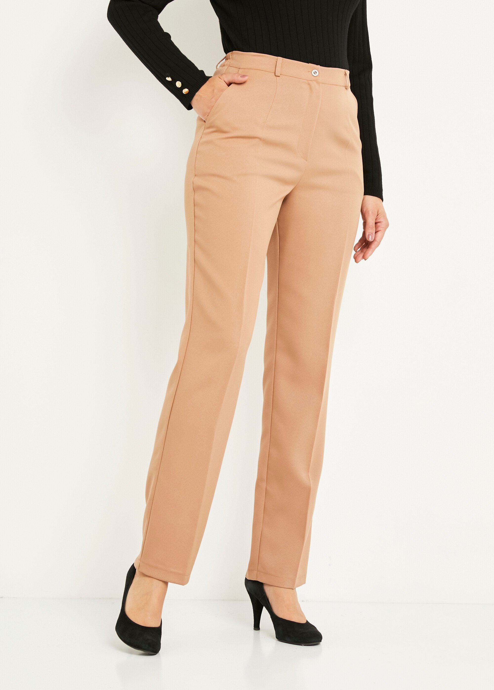 Effen_broek_met_rechte_pijpen_en_semi-elastische_tailleband_Beige_FA1_slim