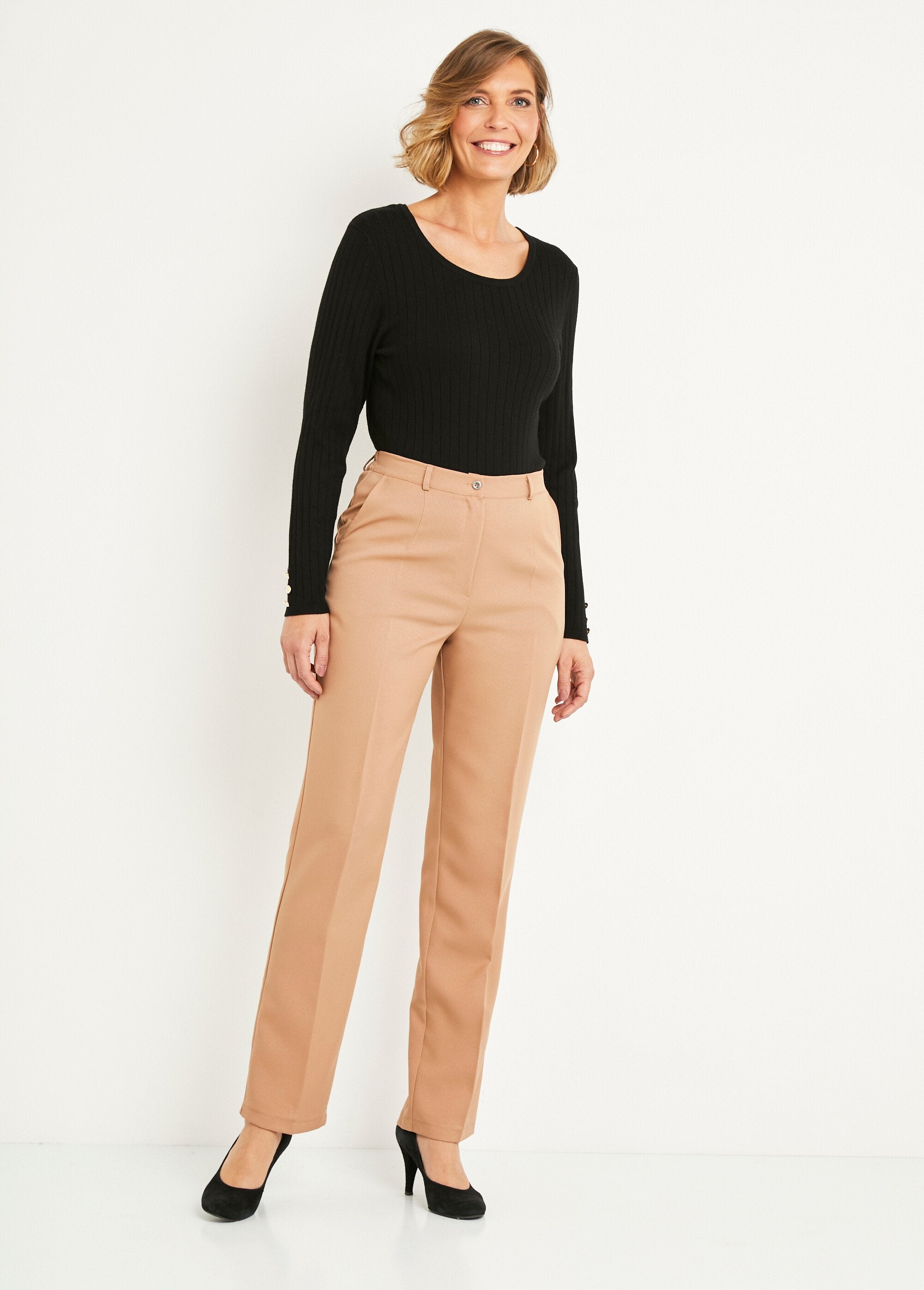 Effen_broek_met_rechte_pijpen_en_semi-elastische_tailleband_Beige_SF1_slim