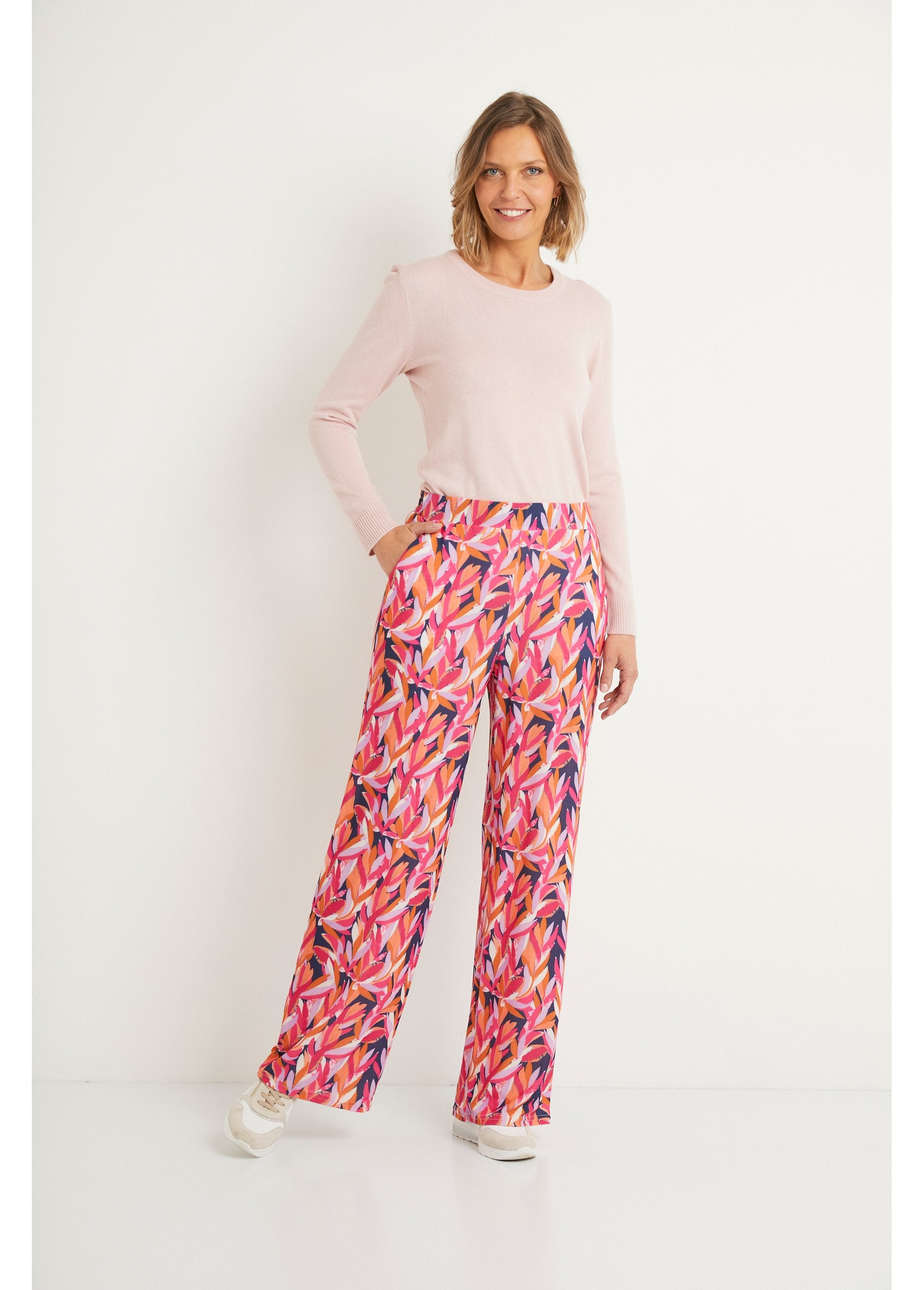 Broek_met_wijde_pijpen_en_elastische_tailleband_Marine_et_rose_SF1_slim