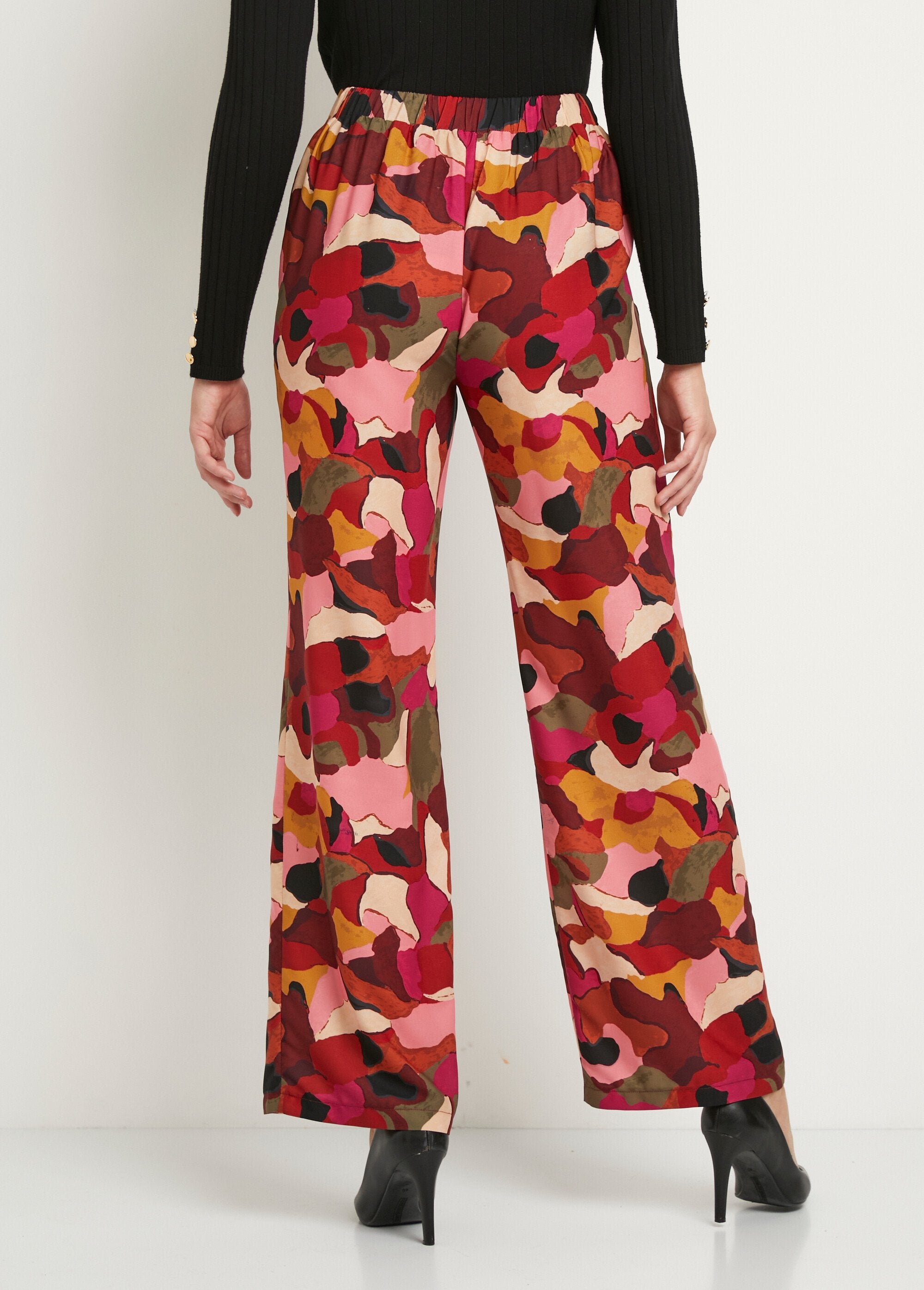 Bedrukte_broek_met_wijde_pijpen_en_semi-elastische_tailleband_Rose_et_marron_DO1_slim