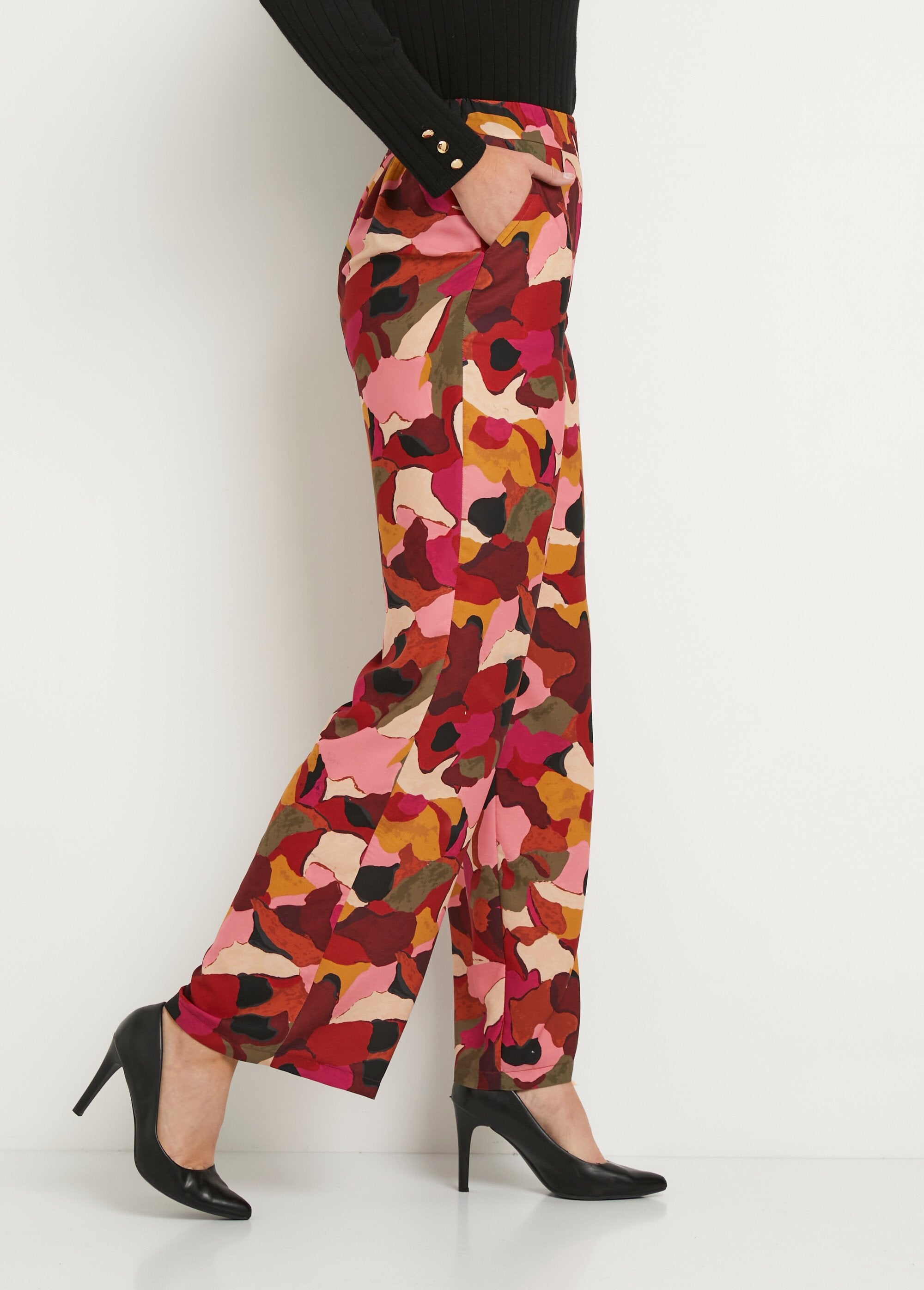 Bedrukte_broek_met_wijde_pijpen_en_semi-elastische_tailleband_Rose_et_marron_DR1_slim