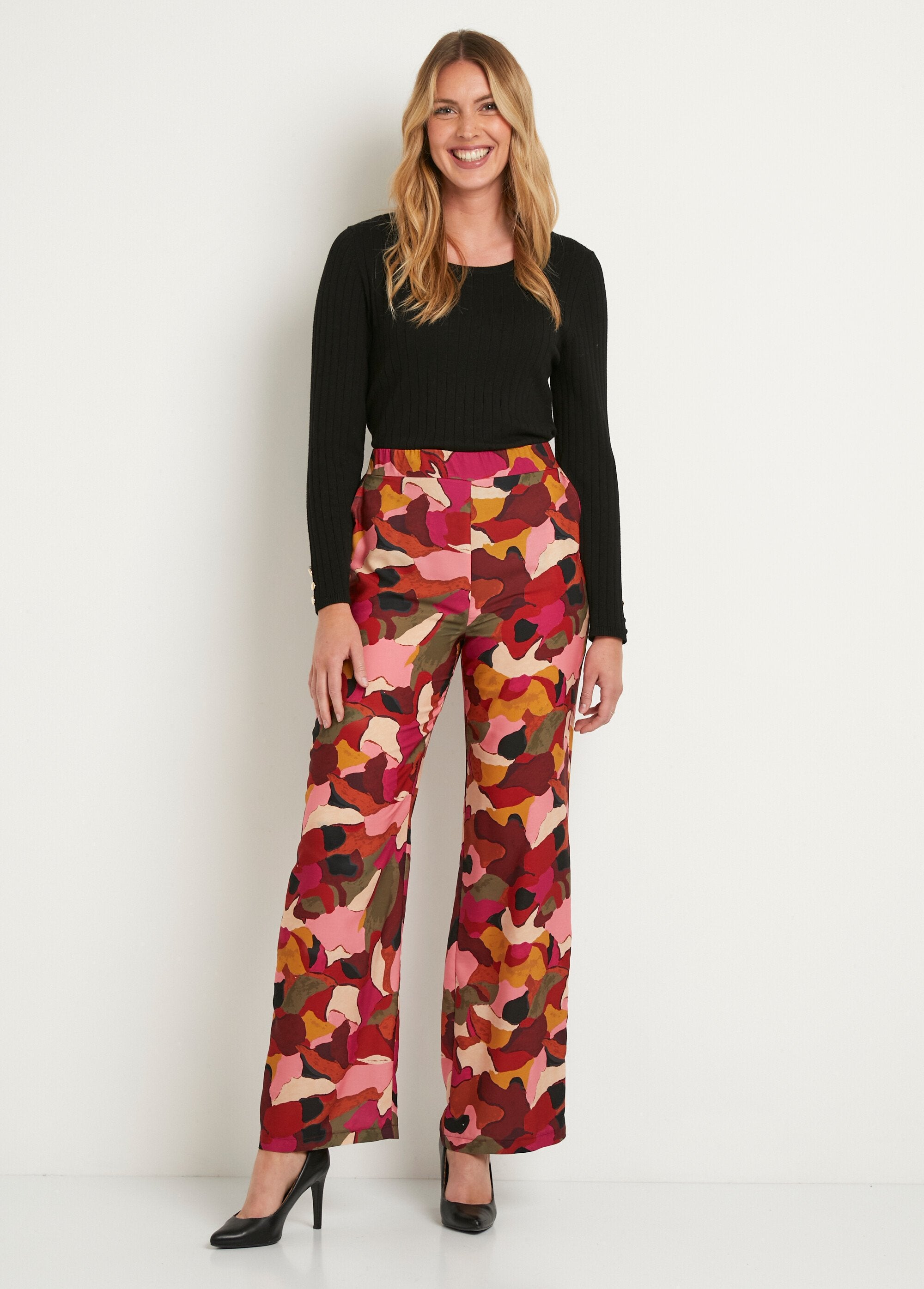 Bedrukte_broek_met_wijde_pijpen_en_semi-elastische_tailleband_Rose_et_marron_SF1_slim