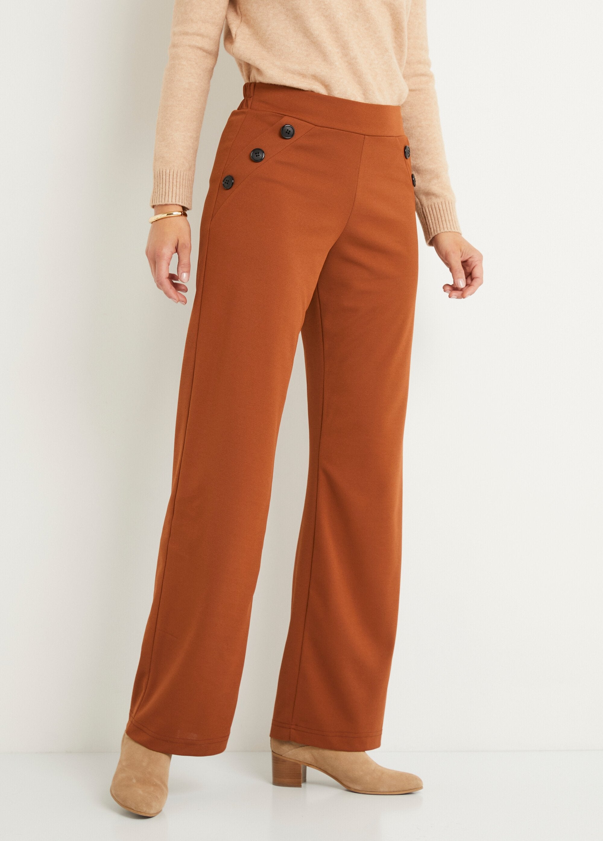 Semi-elastische_broek_met_wijde_pijpen,_effen_Camel_FA1_slim