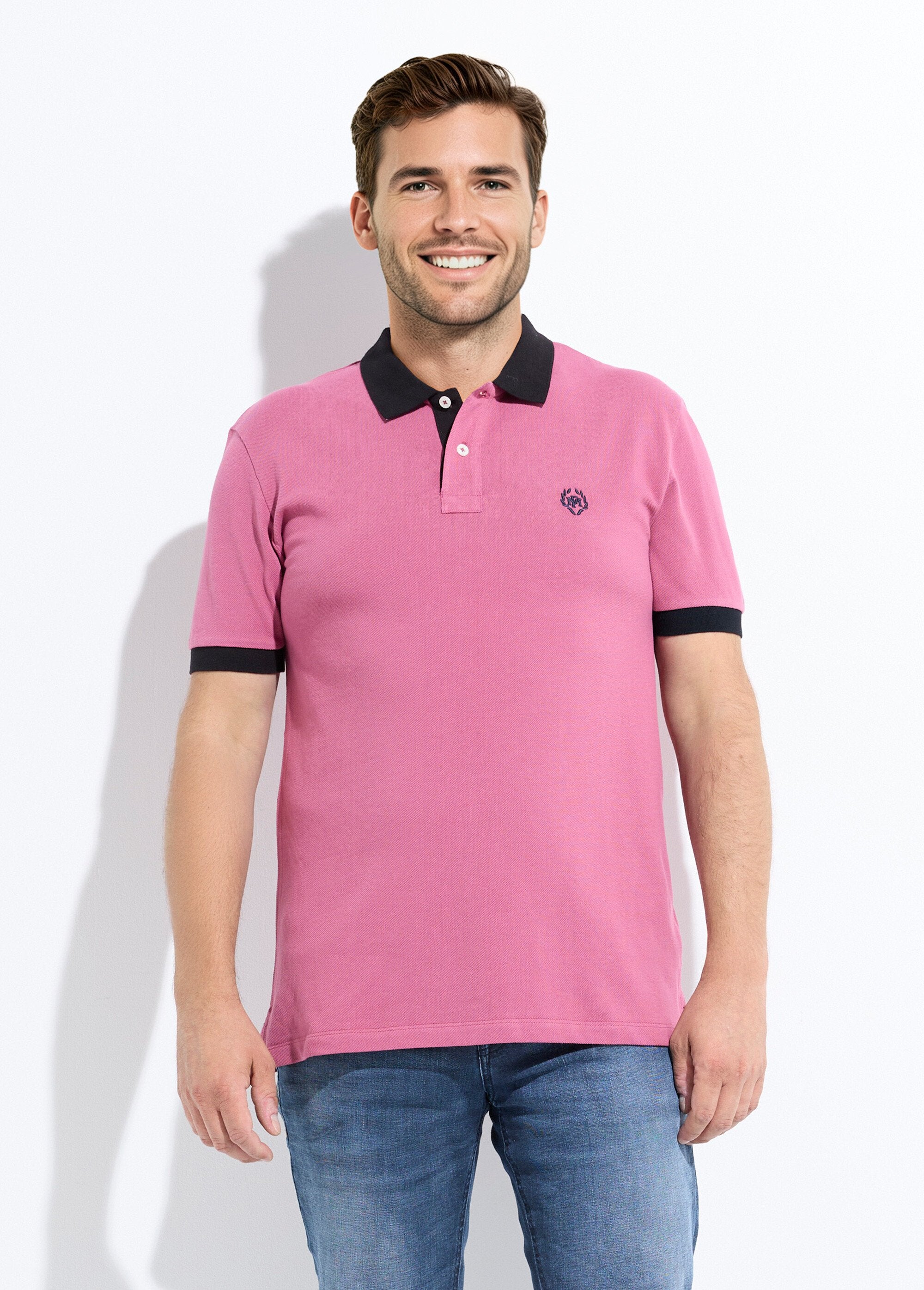 Herenpolo_met_contrasterende_kraag_en_mouwen_Rose_fonce_FA1_slim
