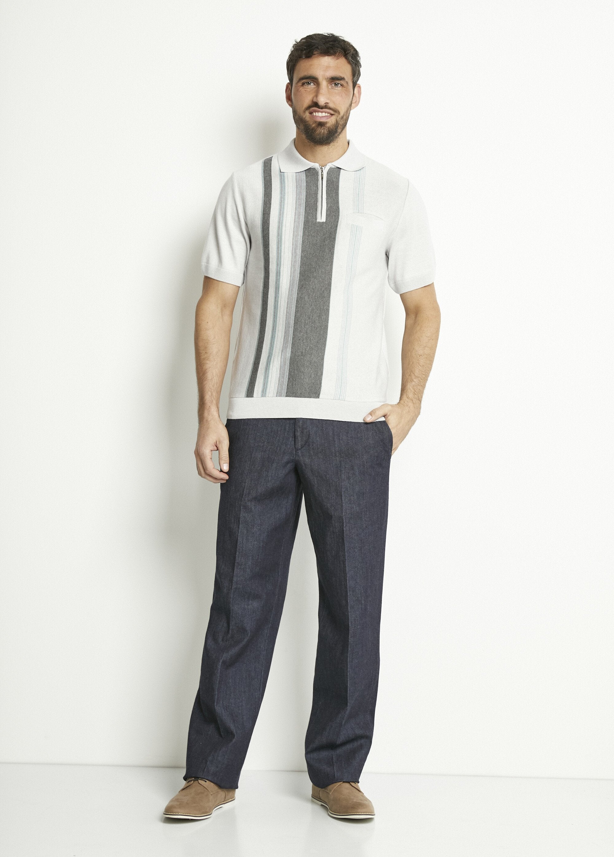 Polo_zippé_manches_courtes_rayures_jacquard_Gris_SF1_slim