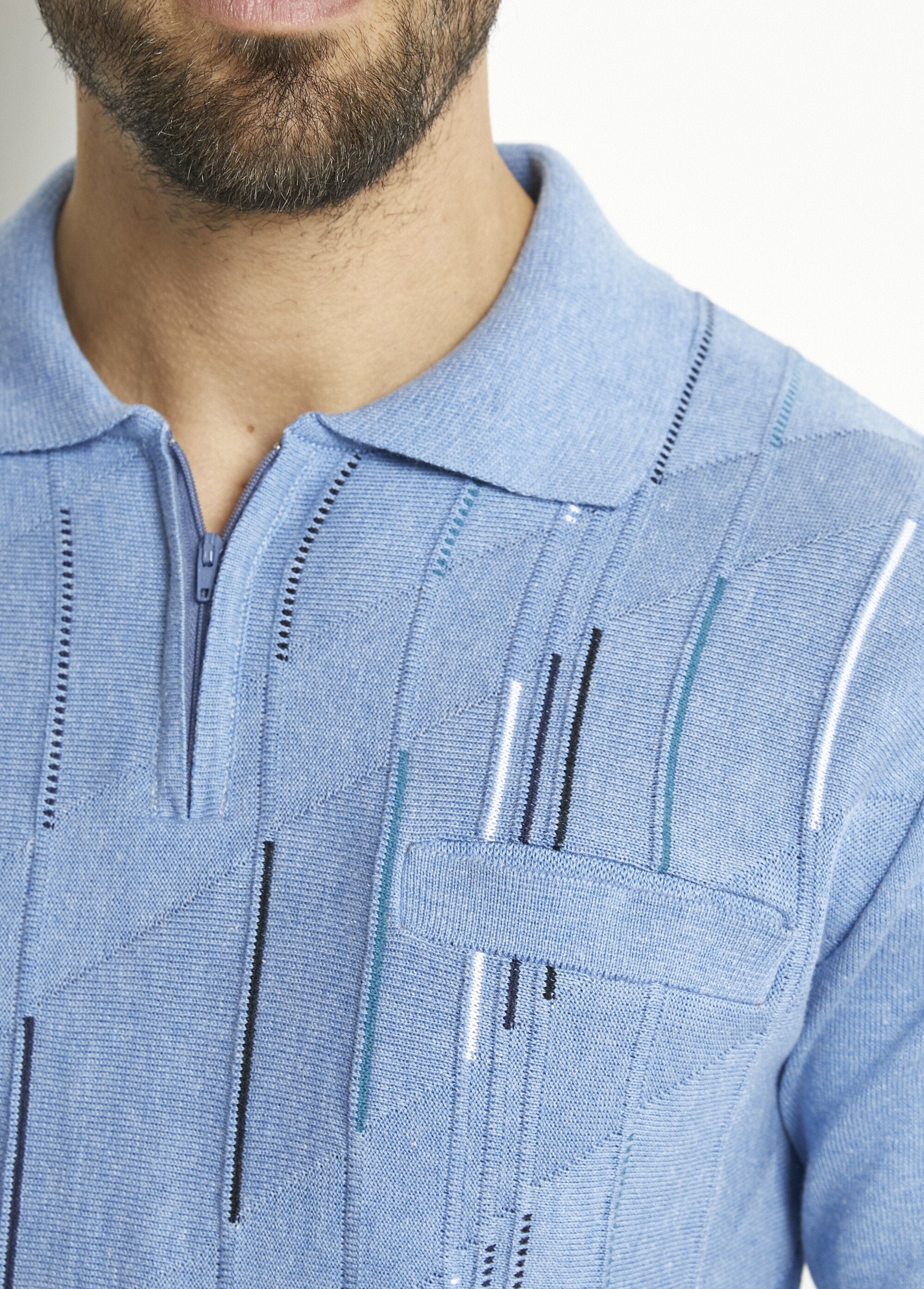 Polo_zippé_manches_longues_coton_jacquard_Bleu_DE2_slim