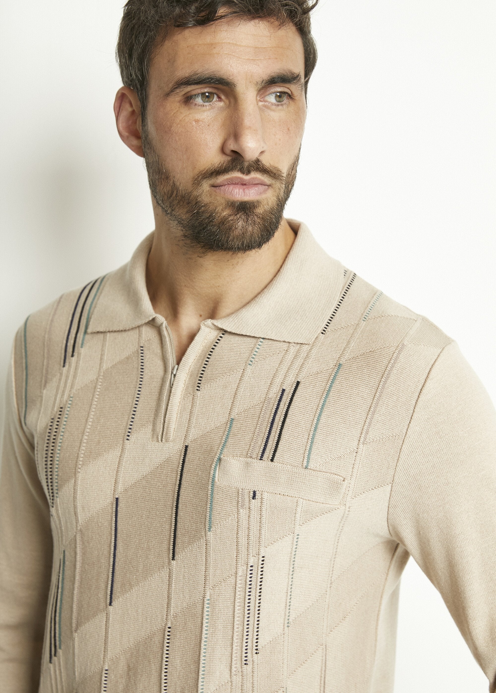 Polo_zippé_manches_longues_coton_jacquard_Beige_DE1_slim