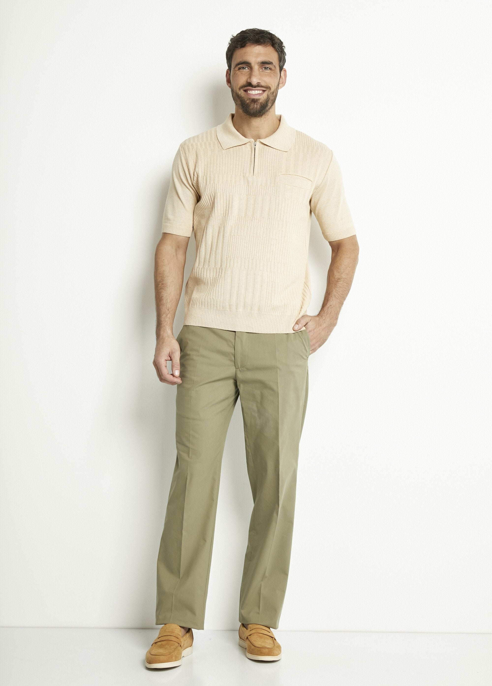 Polo_zippé_uni_manches_courtes_coton_cardé_Beige_SF1_slim