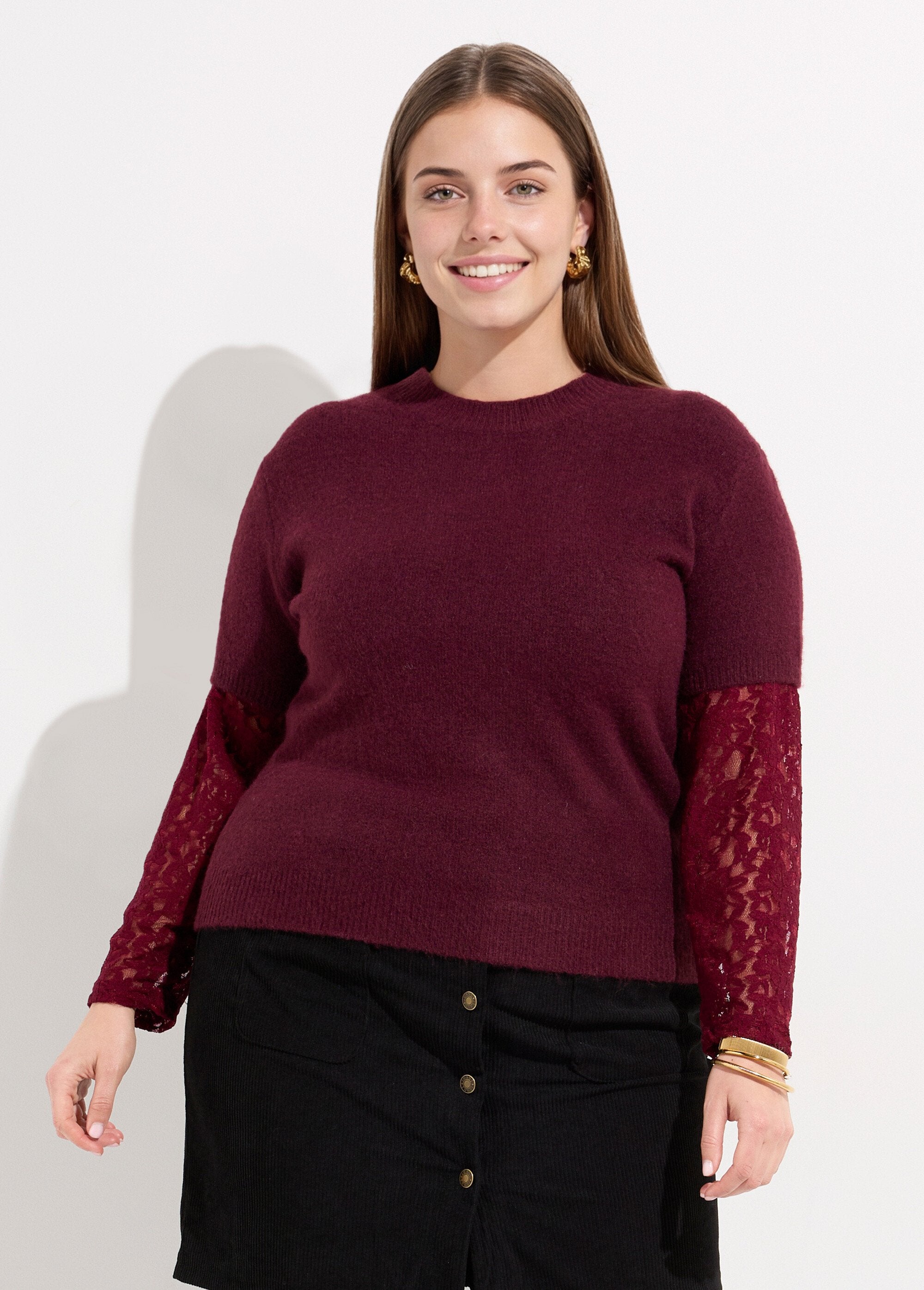 Pull_chaud_avec_laine,_manches_dentelle_Bordeaux_FA1_curvy