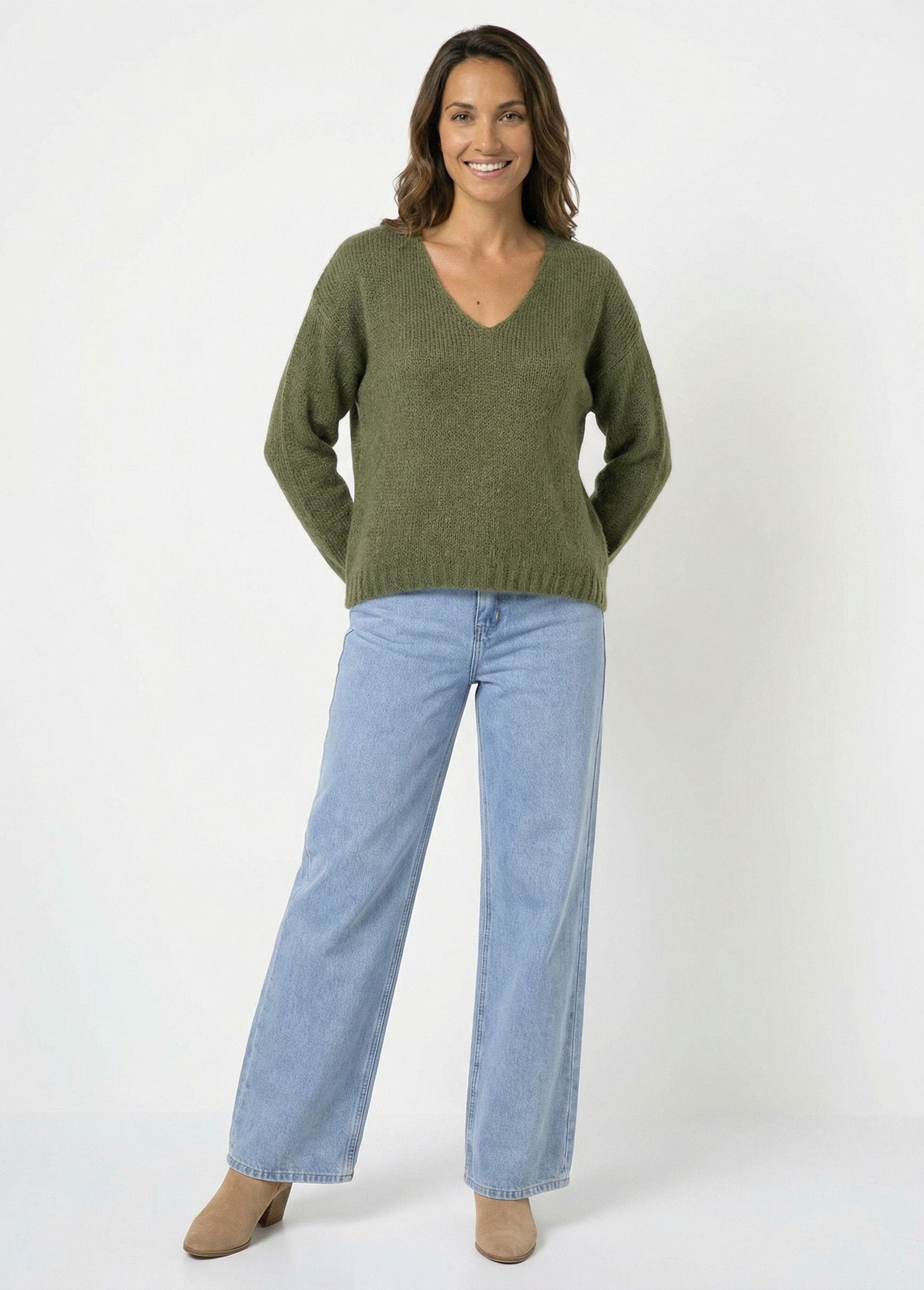 Pull_chaud_col_V_en_maille_avec_mohair_Kaki_SF1_slim