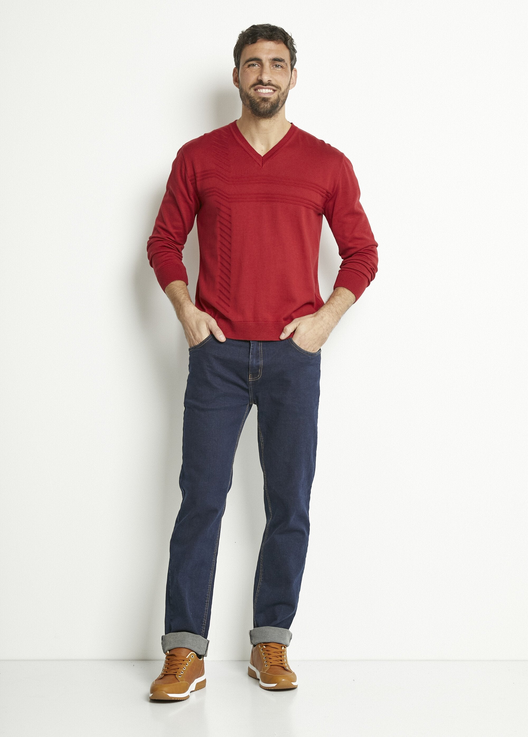 Pull_col_V_manches_longues_coton_Bordeaux_SF1_slim