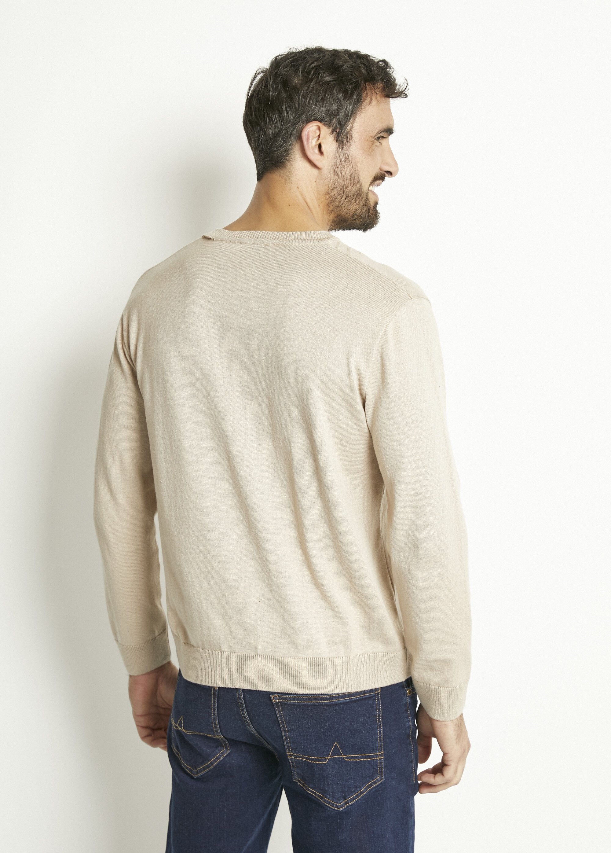 Pull_col_V_manches_longues_coton_Beige_DO1_slim