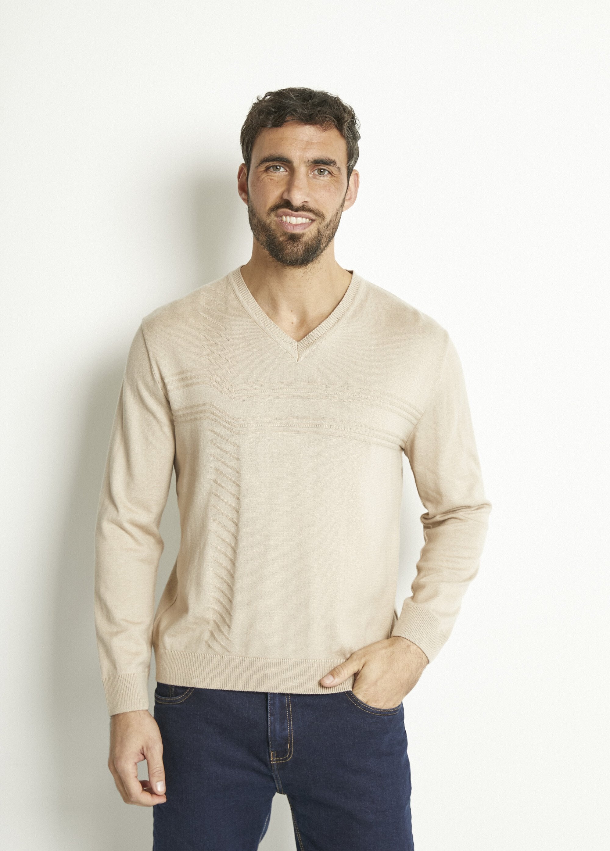 Pull_col_V_manches_longues_coton_Beige_FA1_slim