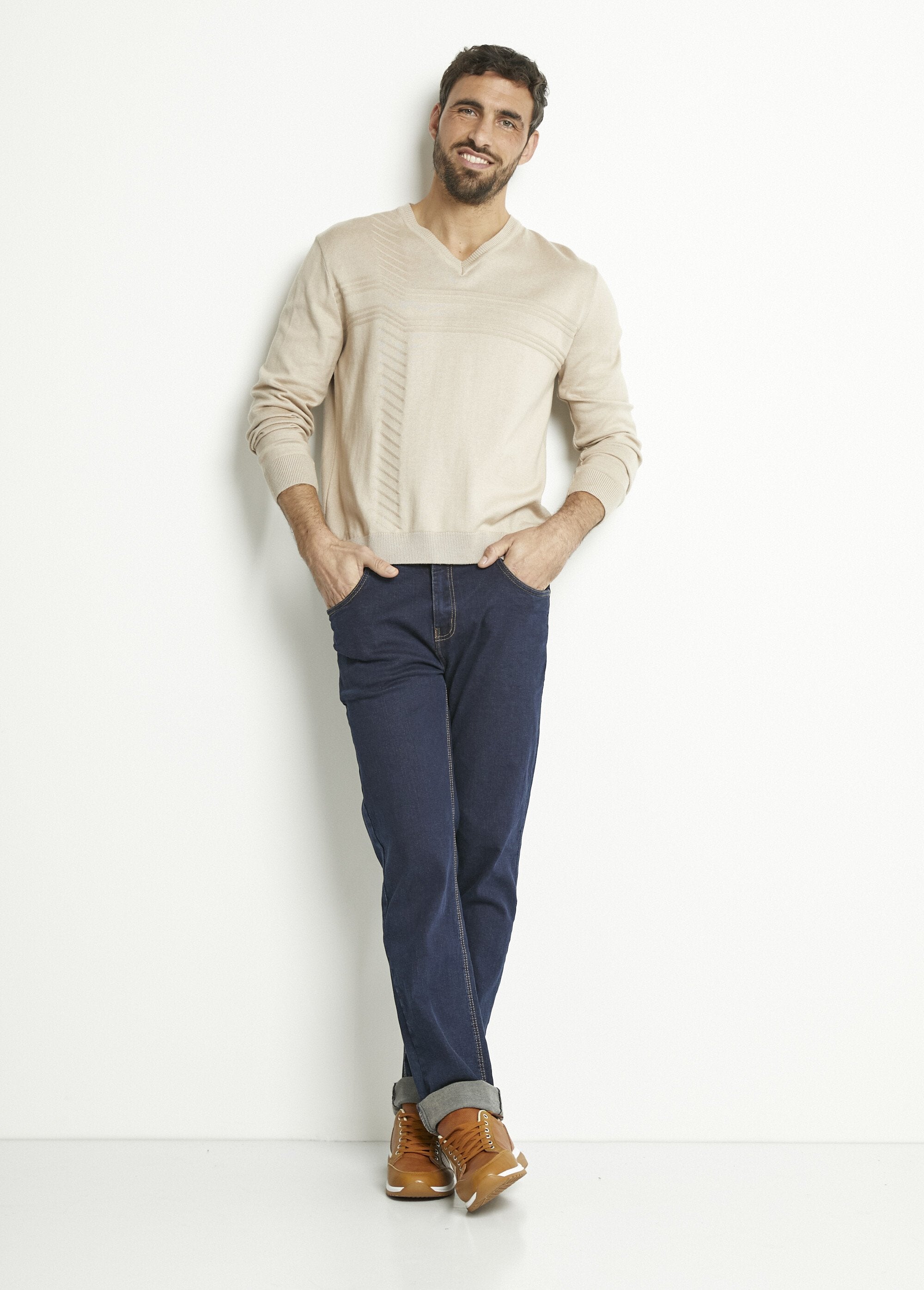 Pull_col_V_manches_longues_coton_Beige_SF1_slim