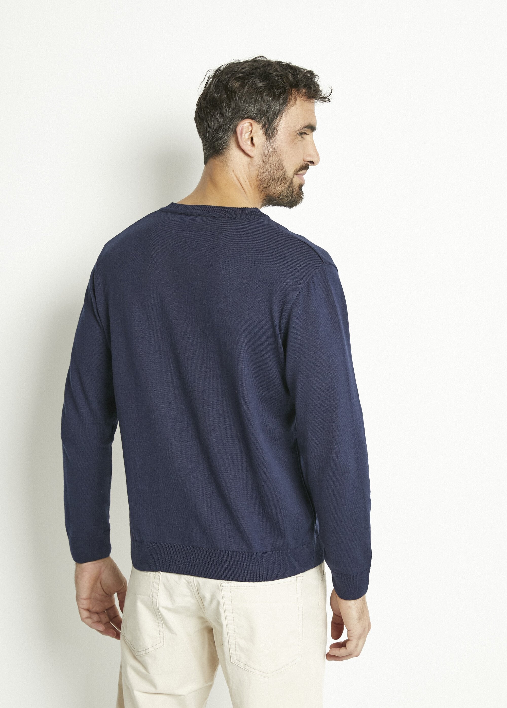 Pull_col_V_manches_longues_coton_Marine_DO1_slim