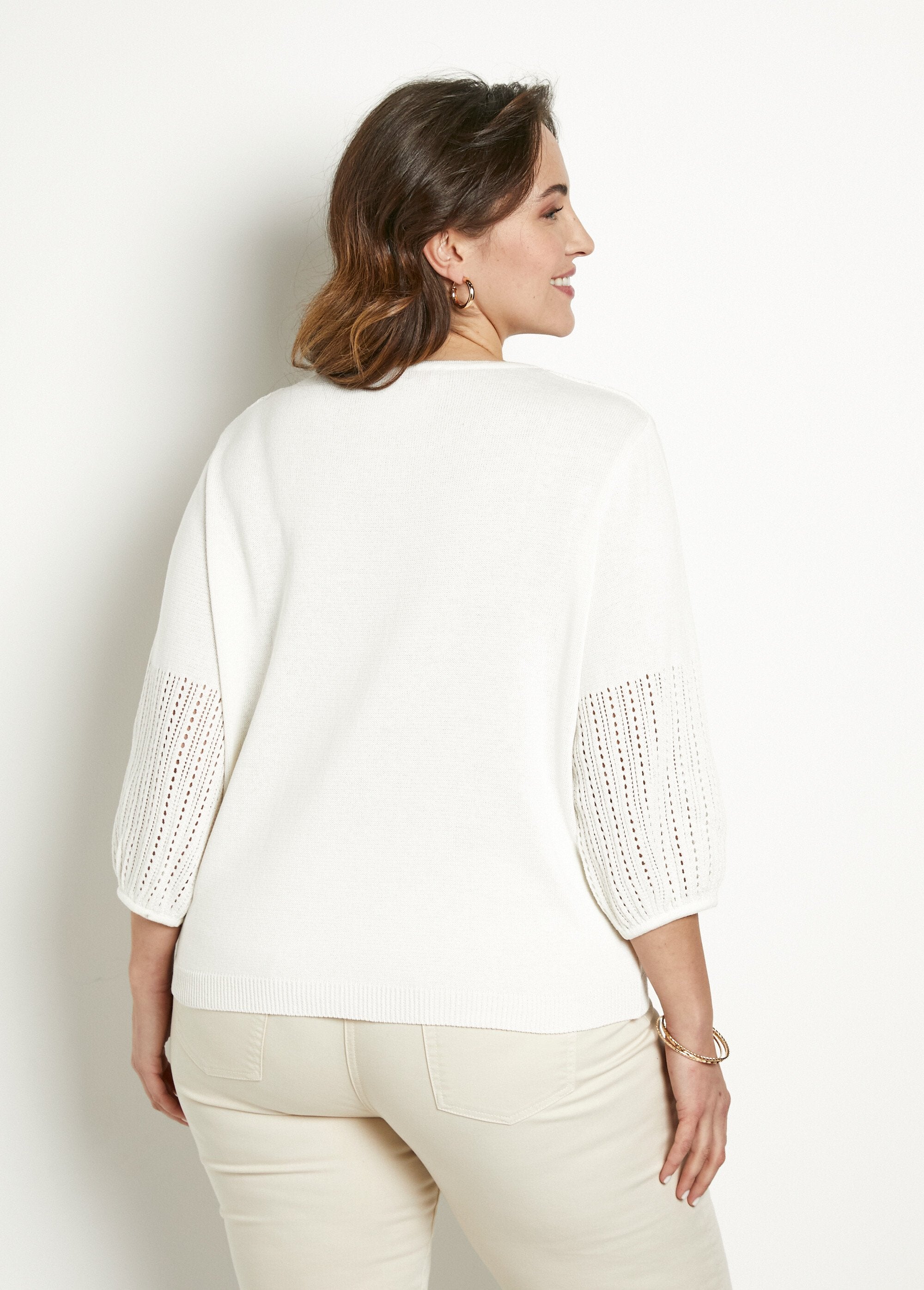 Pull_doux_coton_ajouré_manches_3/4_col_rond_Ecru_DO1_curvy