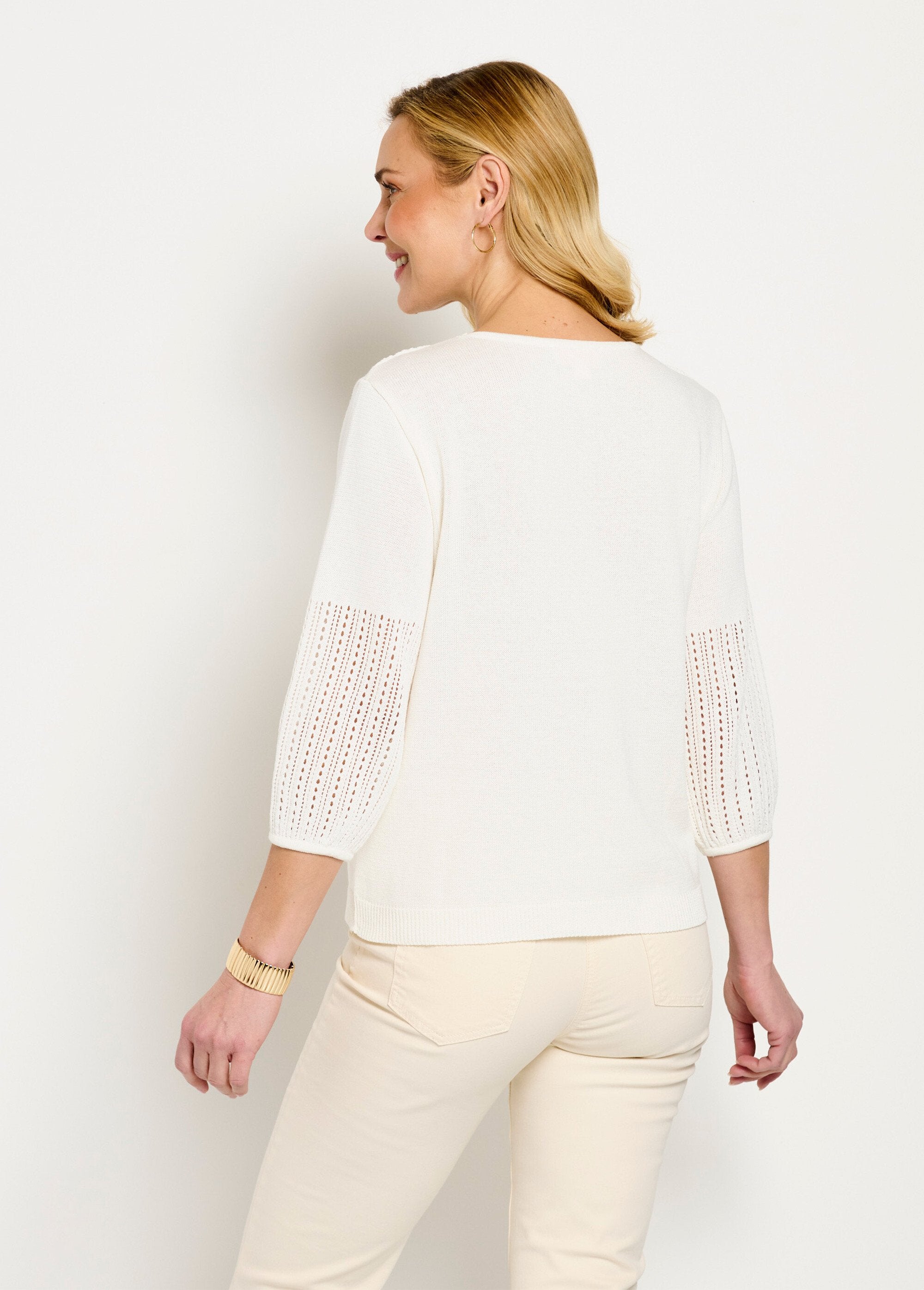 Pull_doux_coton_ajouré_manches_3/4_col_rond_Ecru_DO1_slim