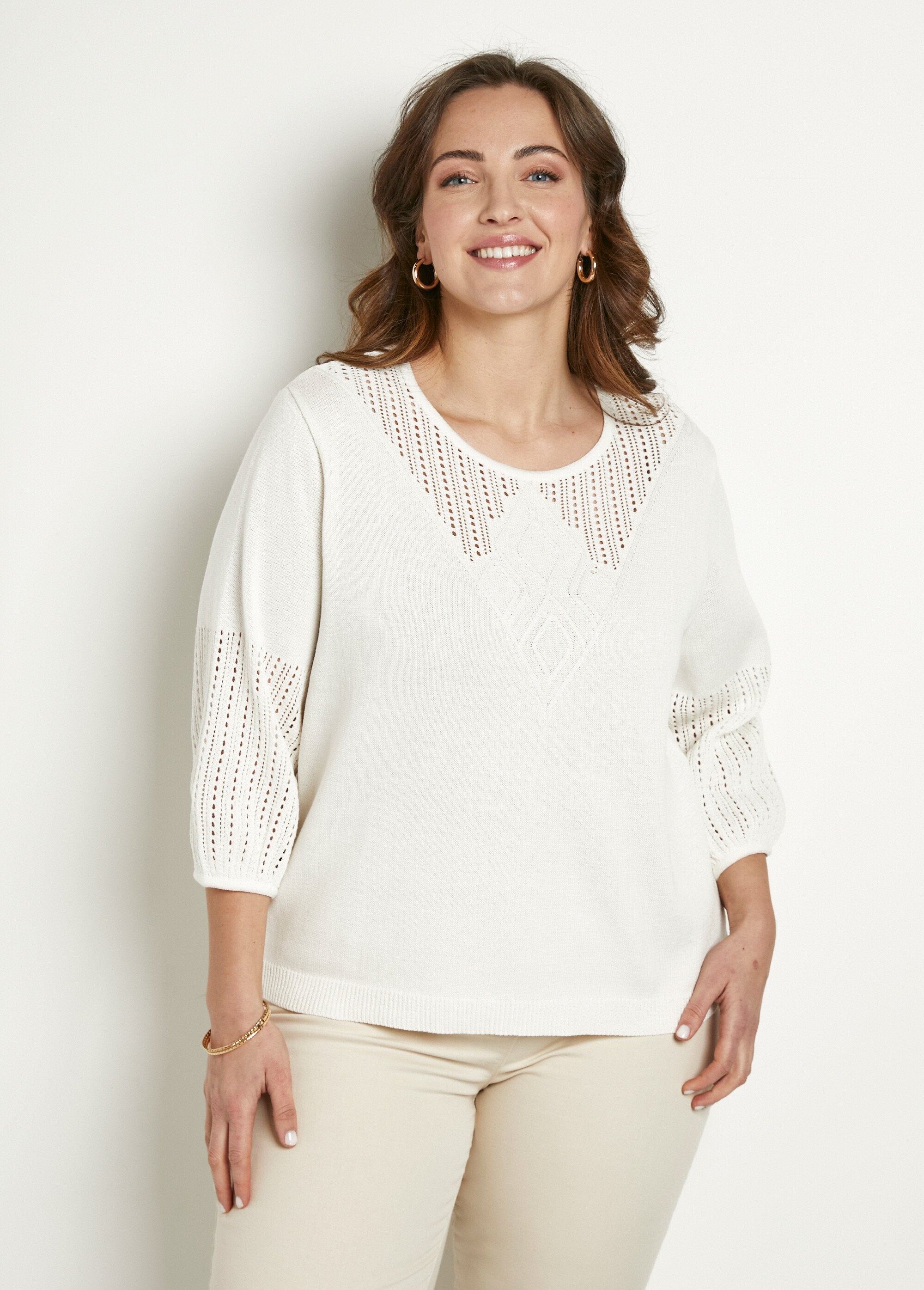 Pull_doux_coton_ajouré_manches_3/4_col_rond_Ecru_FA1_curvy