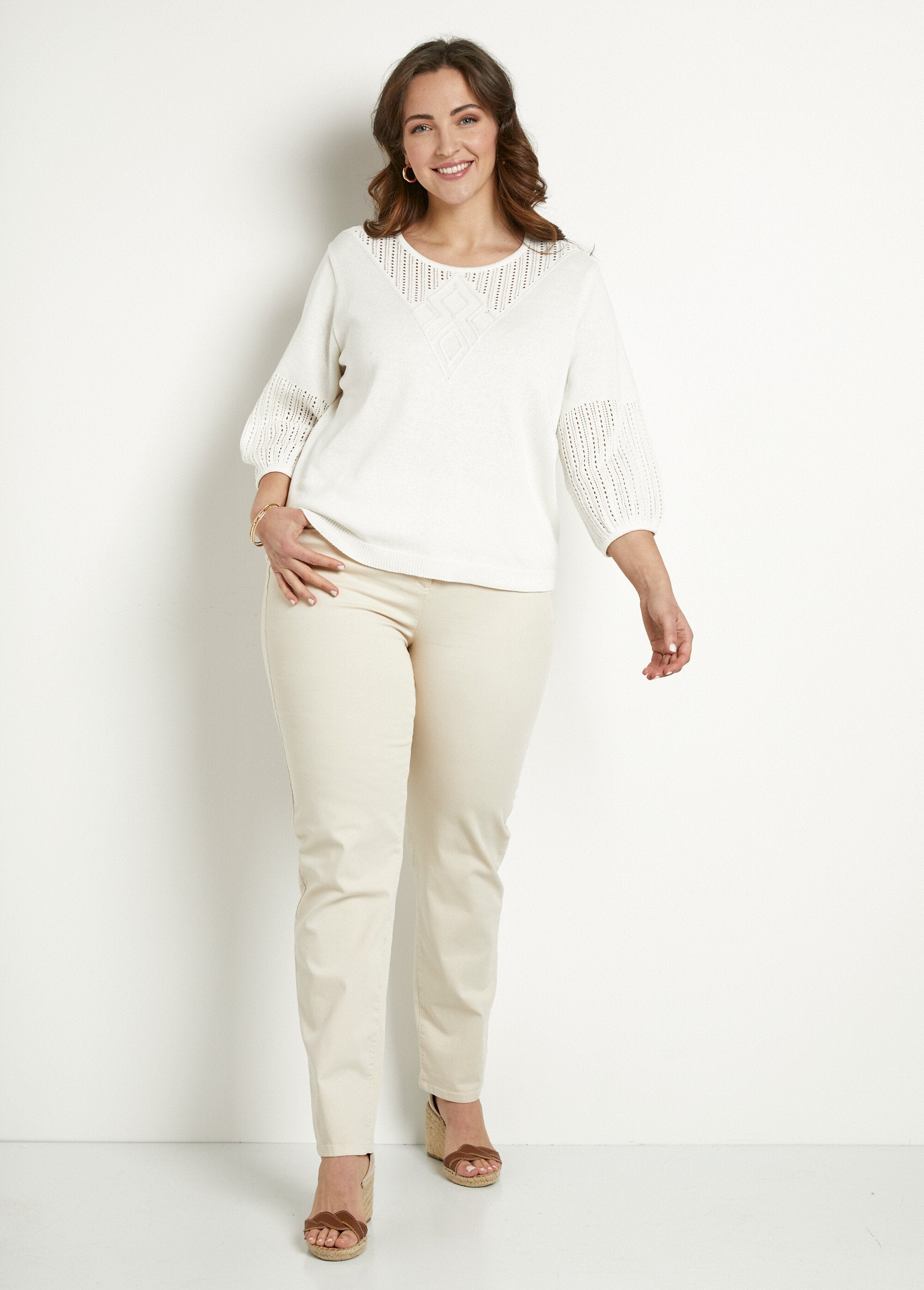 Pull_doux_coton_ajouré_manches_3/4_col_rond_Ecru_SF1_curvy