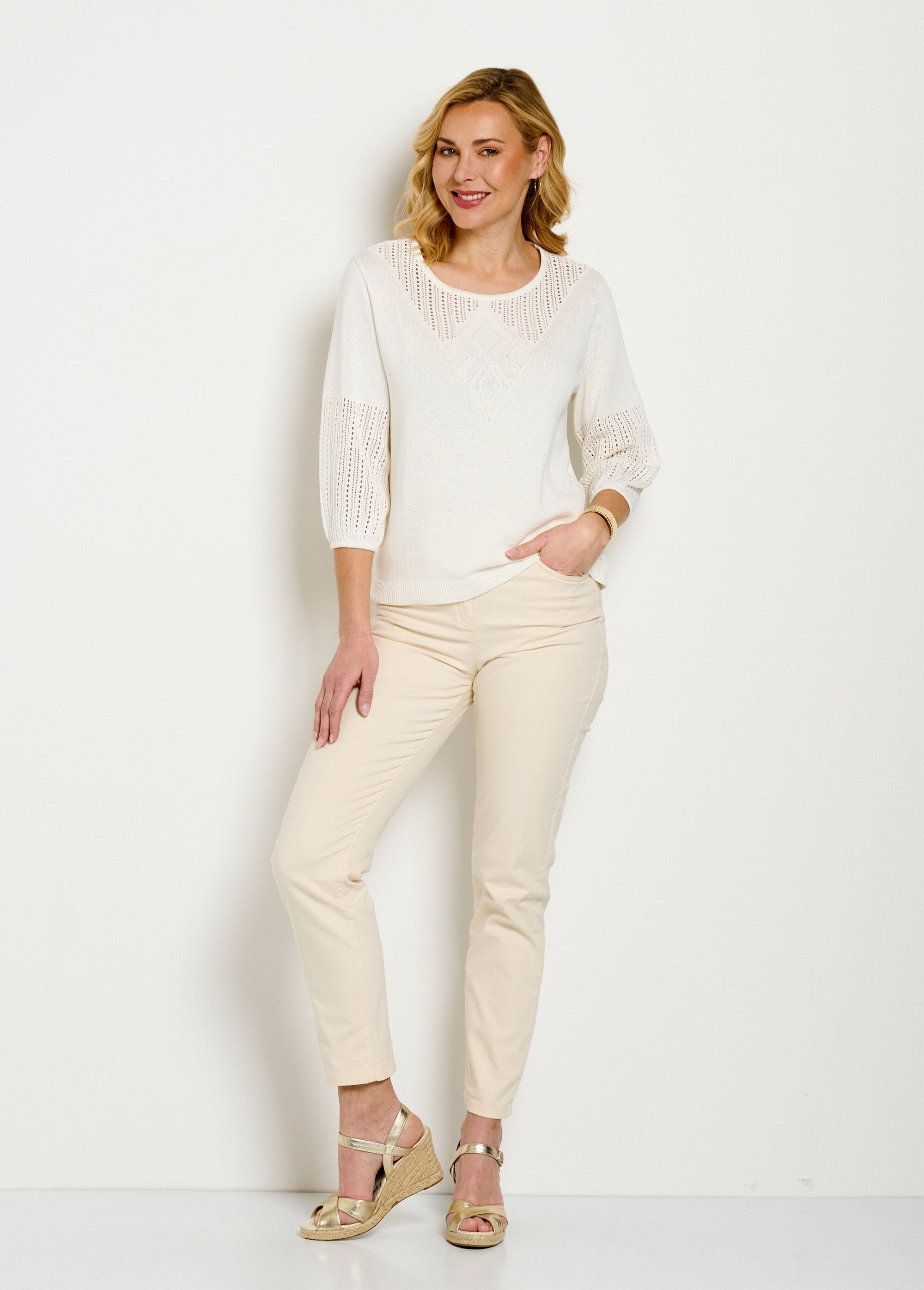 Pull_doux_coton_ajouré_manches_3/4_col_rond_Ecru_SF1_slim