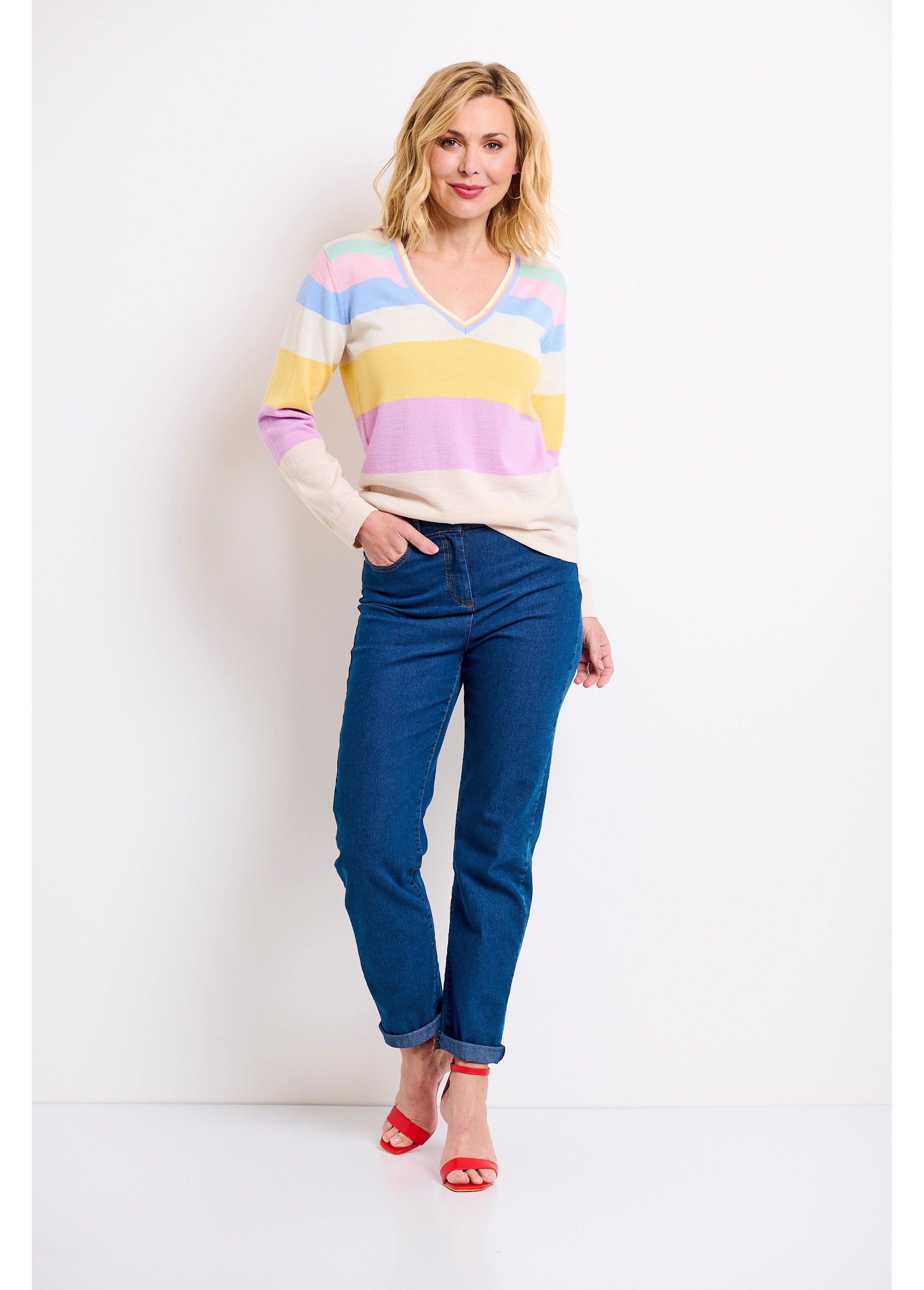 Pull_doux_rayé_col_V_laine_mérinos_Multicolore_SF1_slim