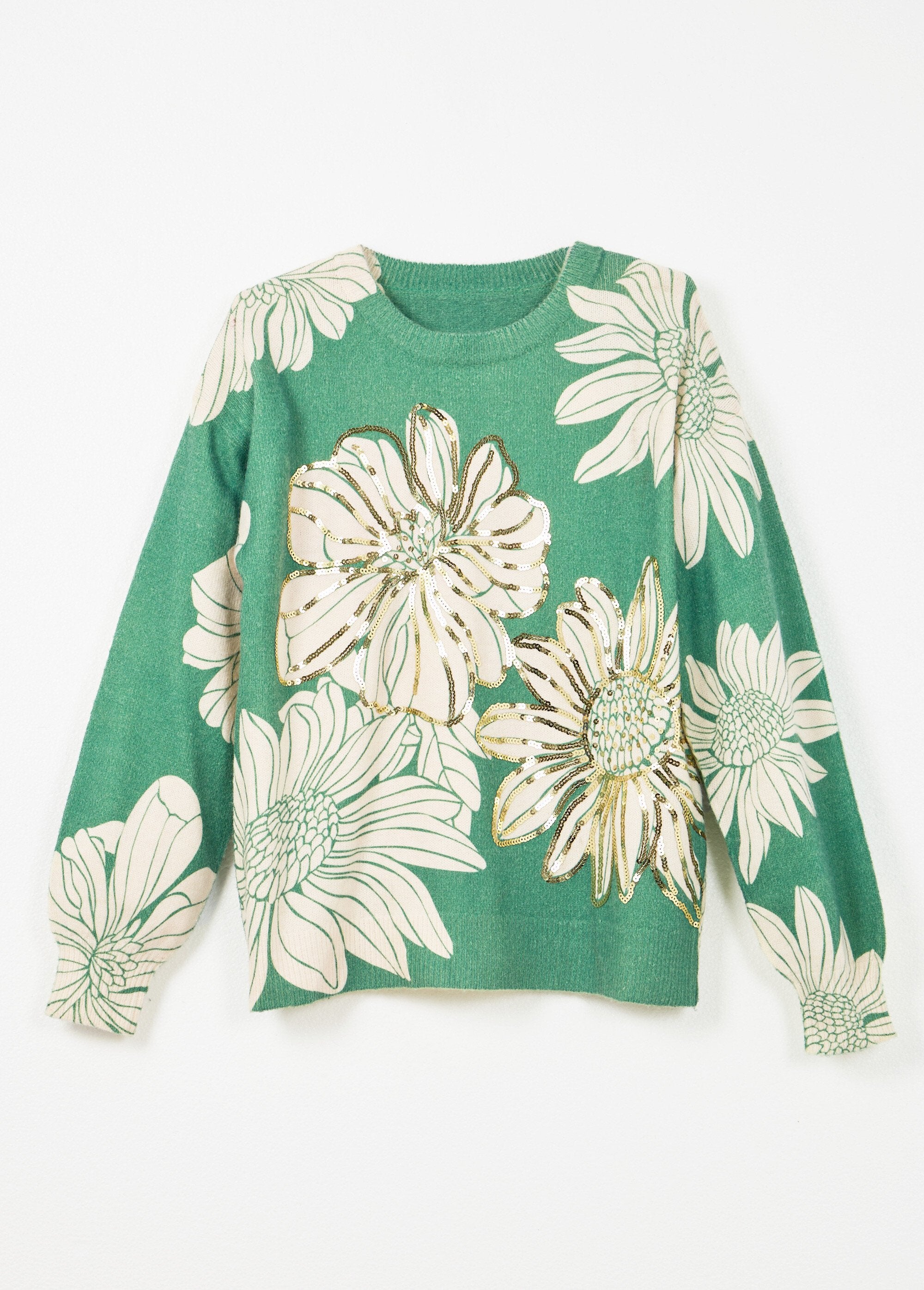 Pull_fin_imprimé_fleurs_sequins_col_rond_Vert_AP1_slim