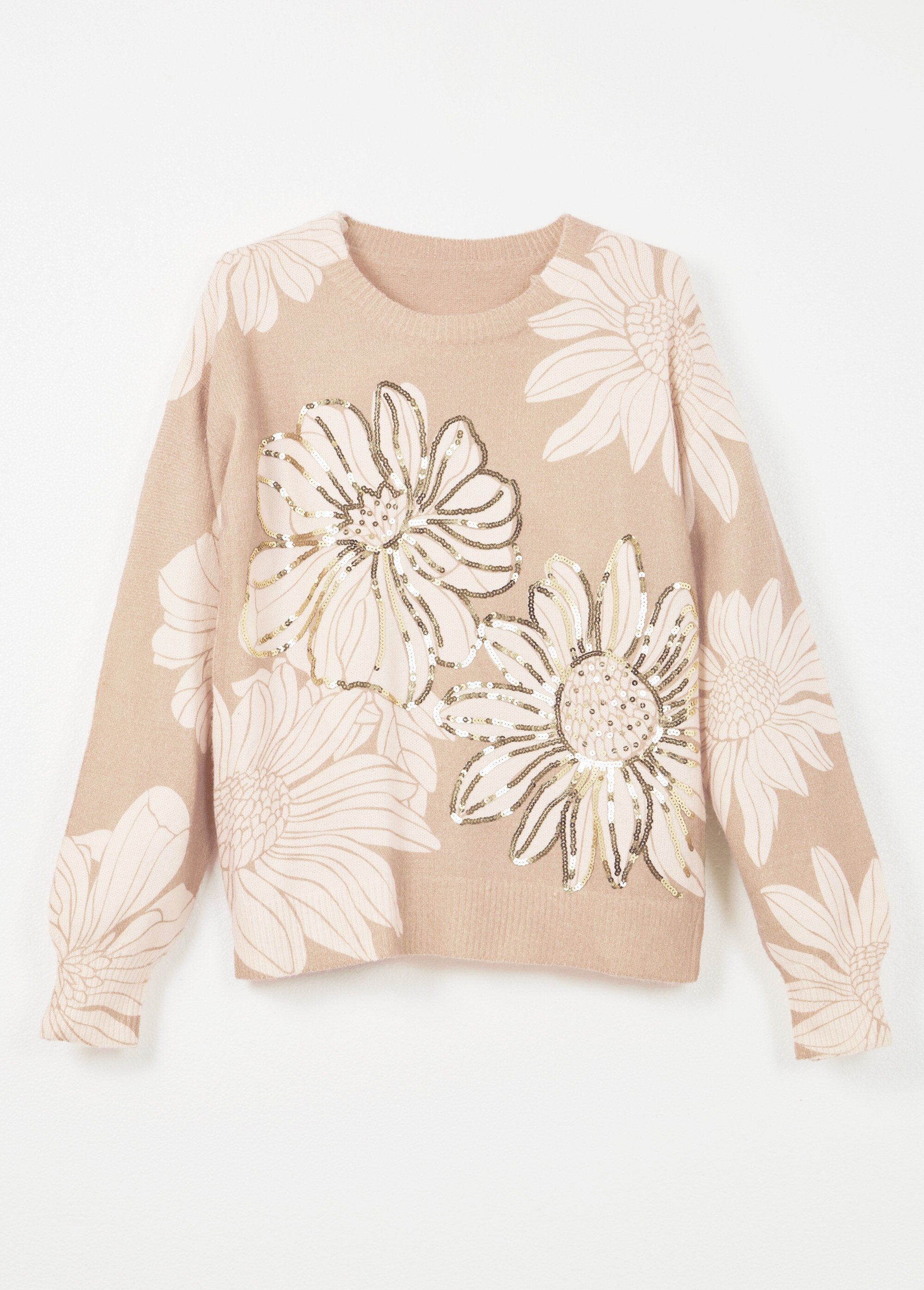Trui_met_dunne_lovertjes_en_bloemenprint,_ronde_hals_Beige_AP1_slim