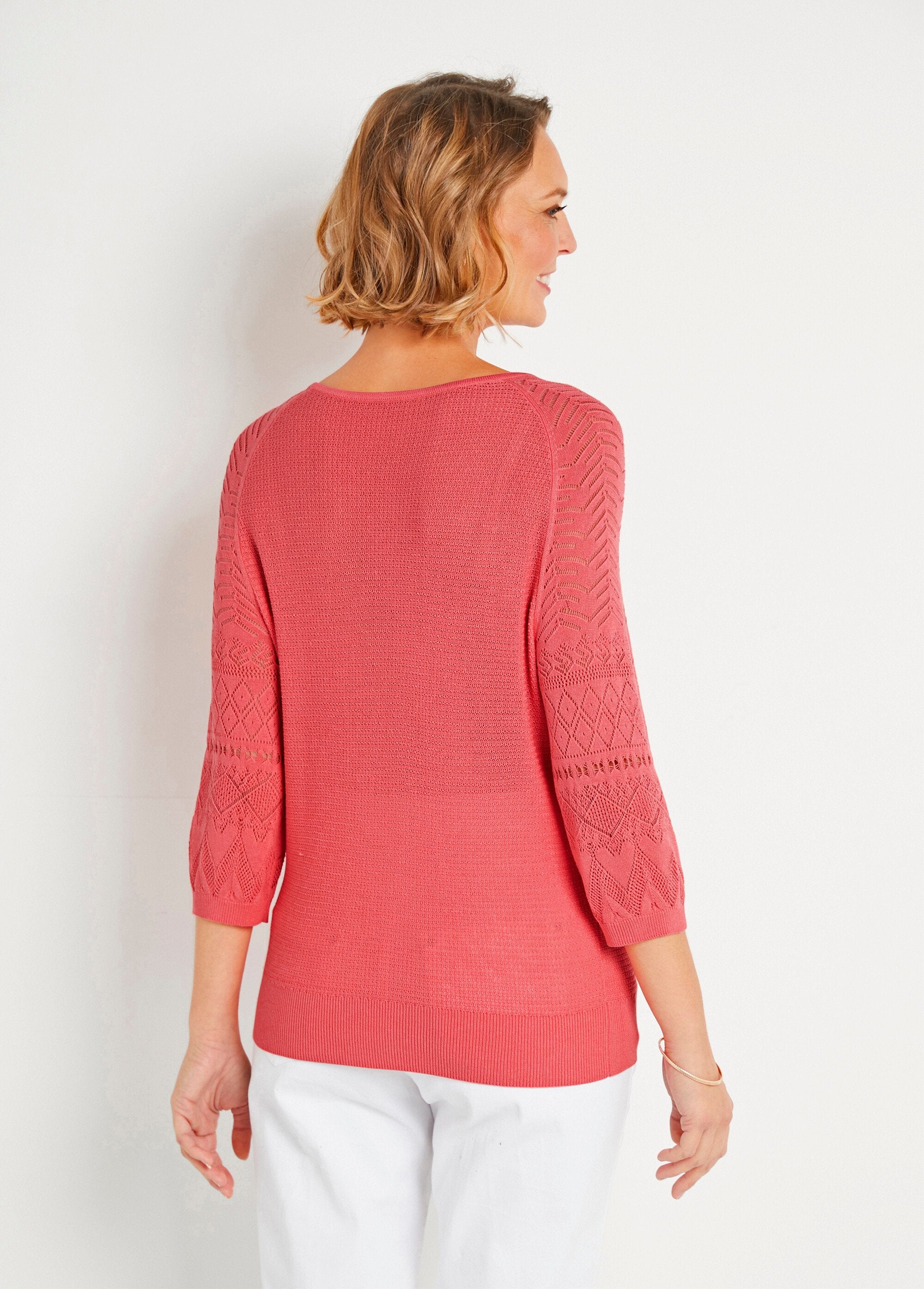 Pull_léger_manches_3/4_raglan_col_rond_Corail_DO1_slim