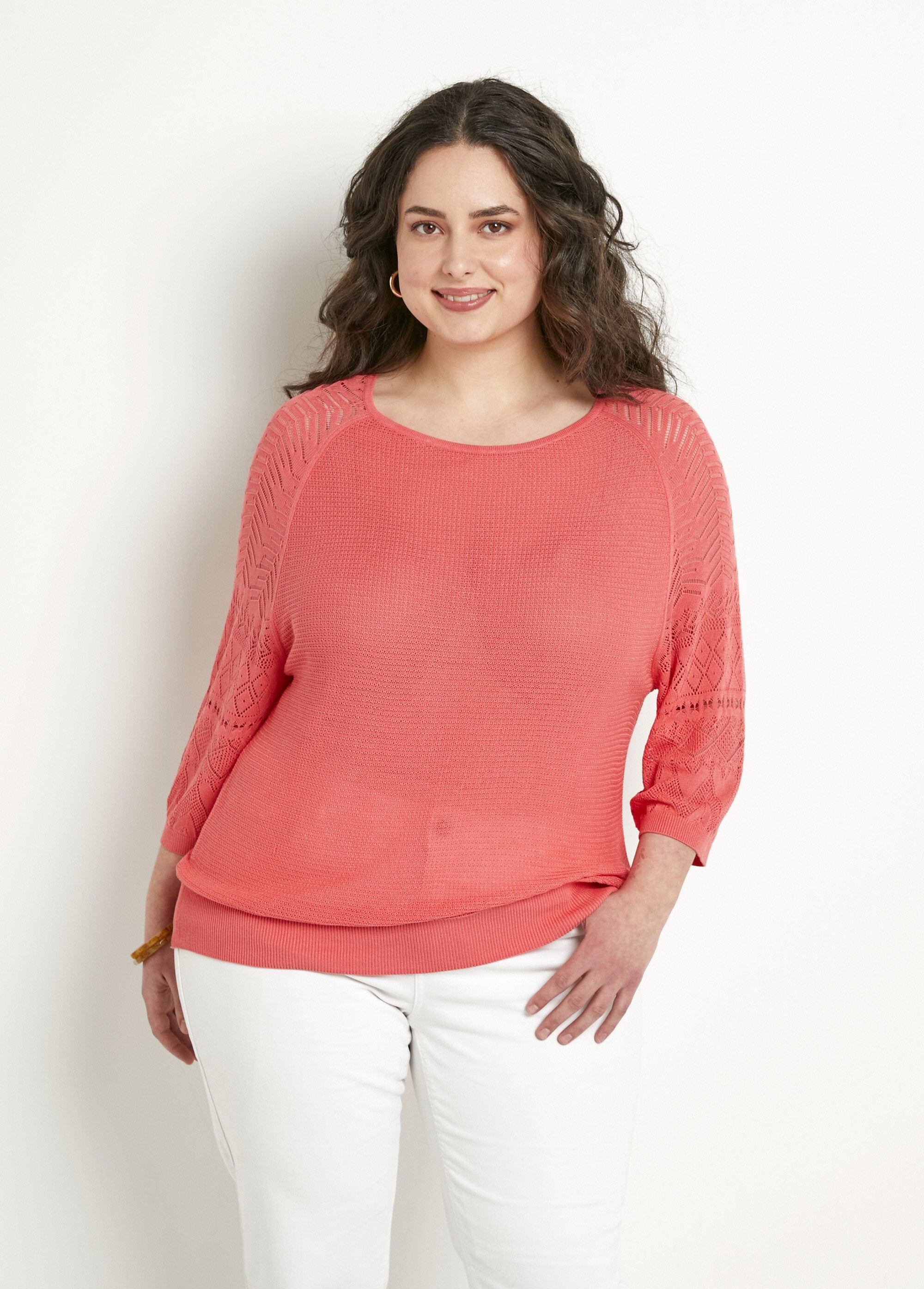 Pull_léger_manches_3/4_raglan_col_rond_Corail_FA1_curvy