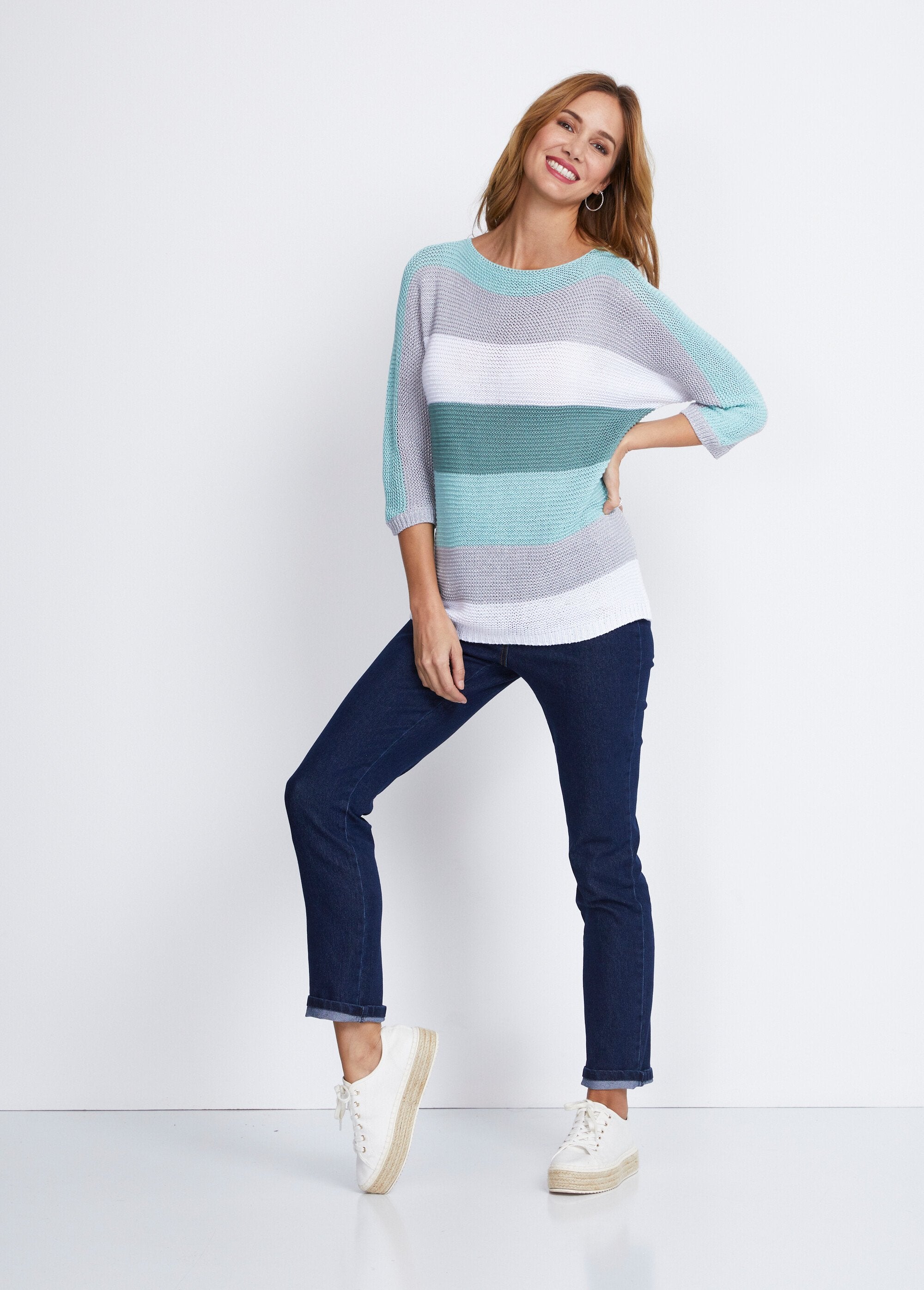 Pull_rayé_manches_3/4_point_mousse_Aqua_et_gris_SF1_slim