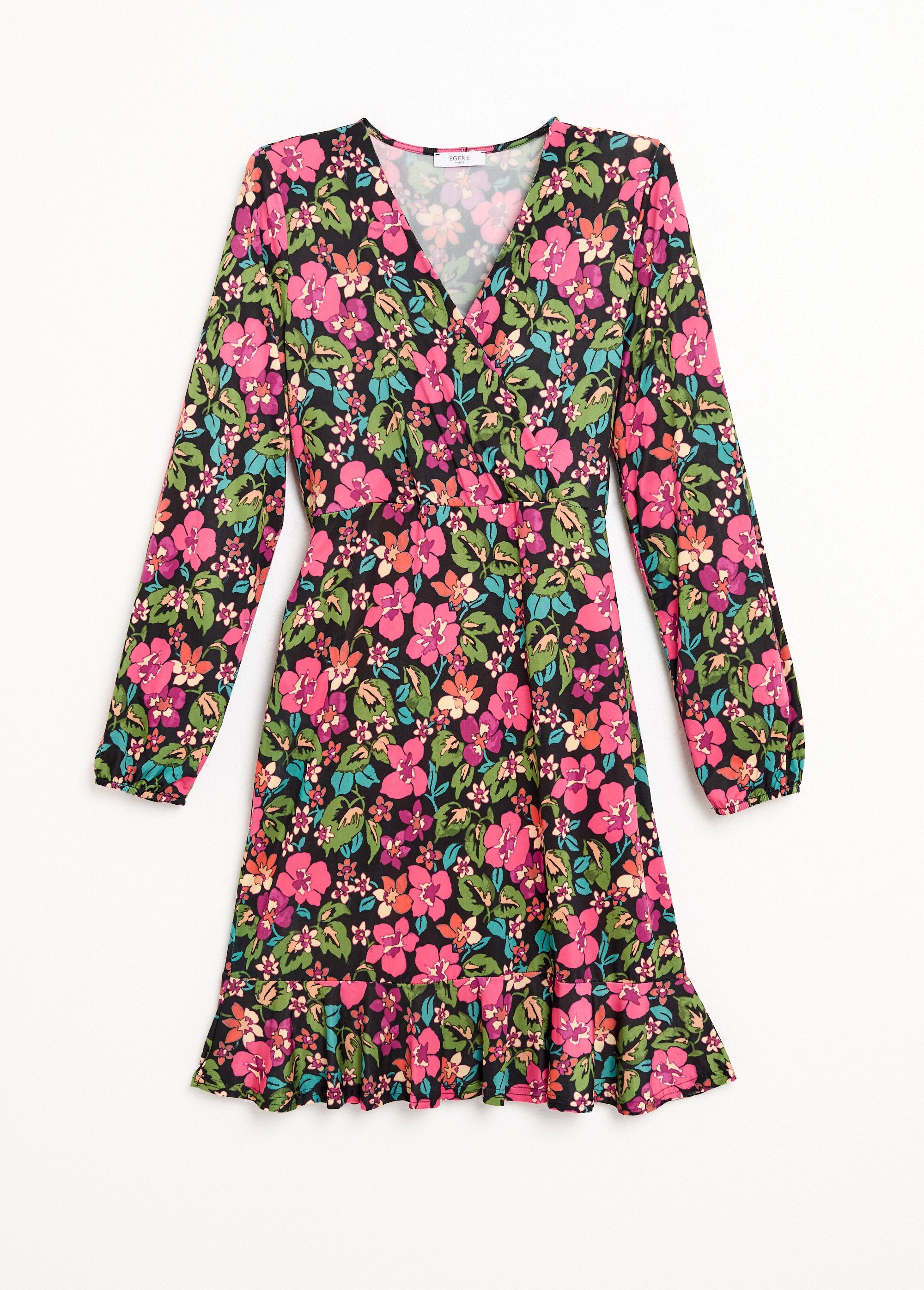 Korte_uitlopende_wikkeljurk_met_bloemen_Noir_et_fuchsia_AP1_slim