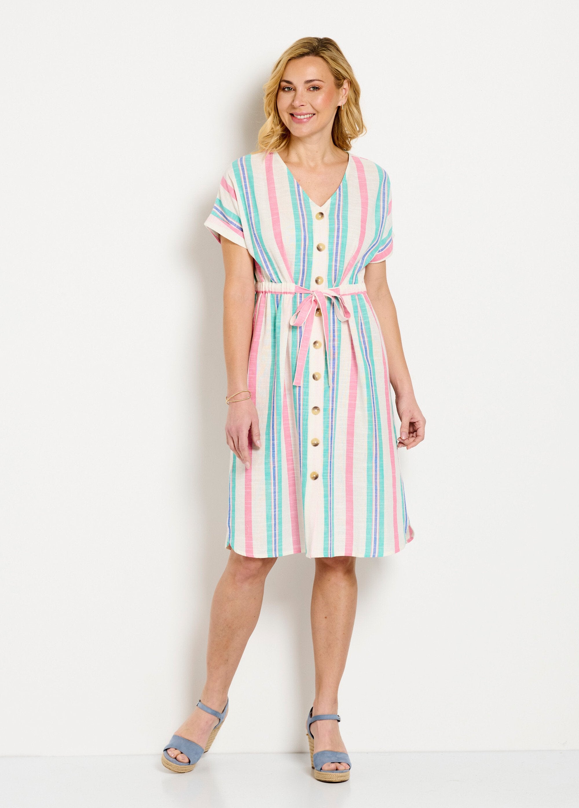 Katoenen_gestreepte_korte_jurk_met_V-hals_en_knoopsluiting_Rose_et_blanc_FA1_slim