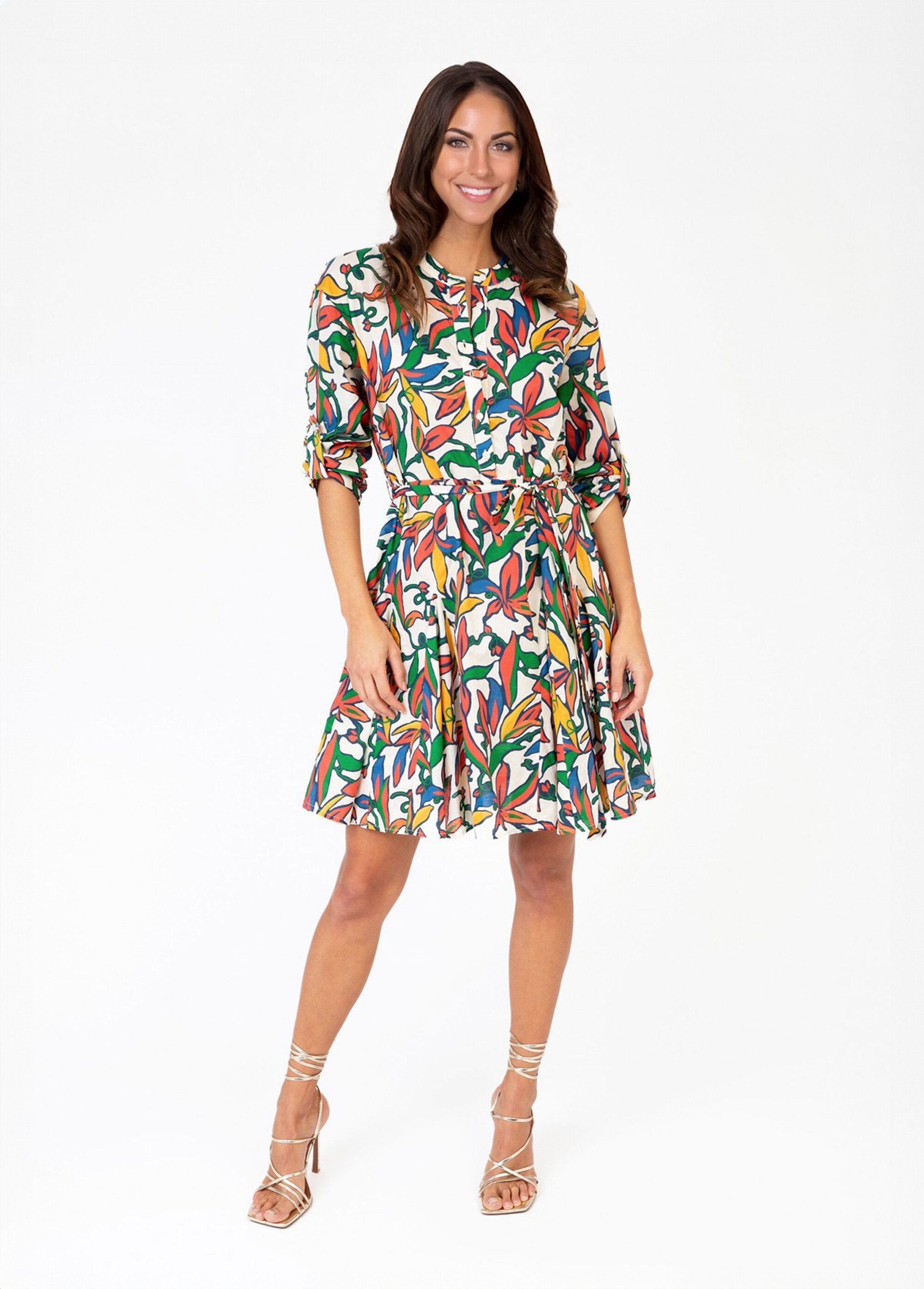 Korte_jurk_met_kleurrijke_print_en_riem_Ecru_print_FA1_slim