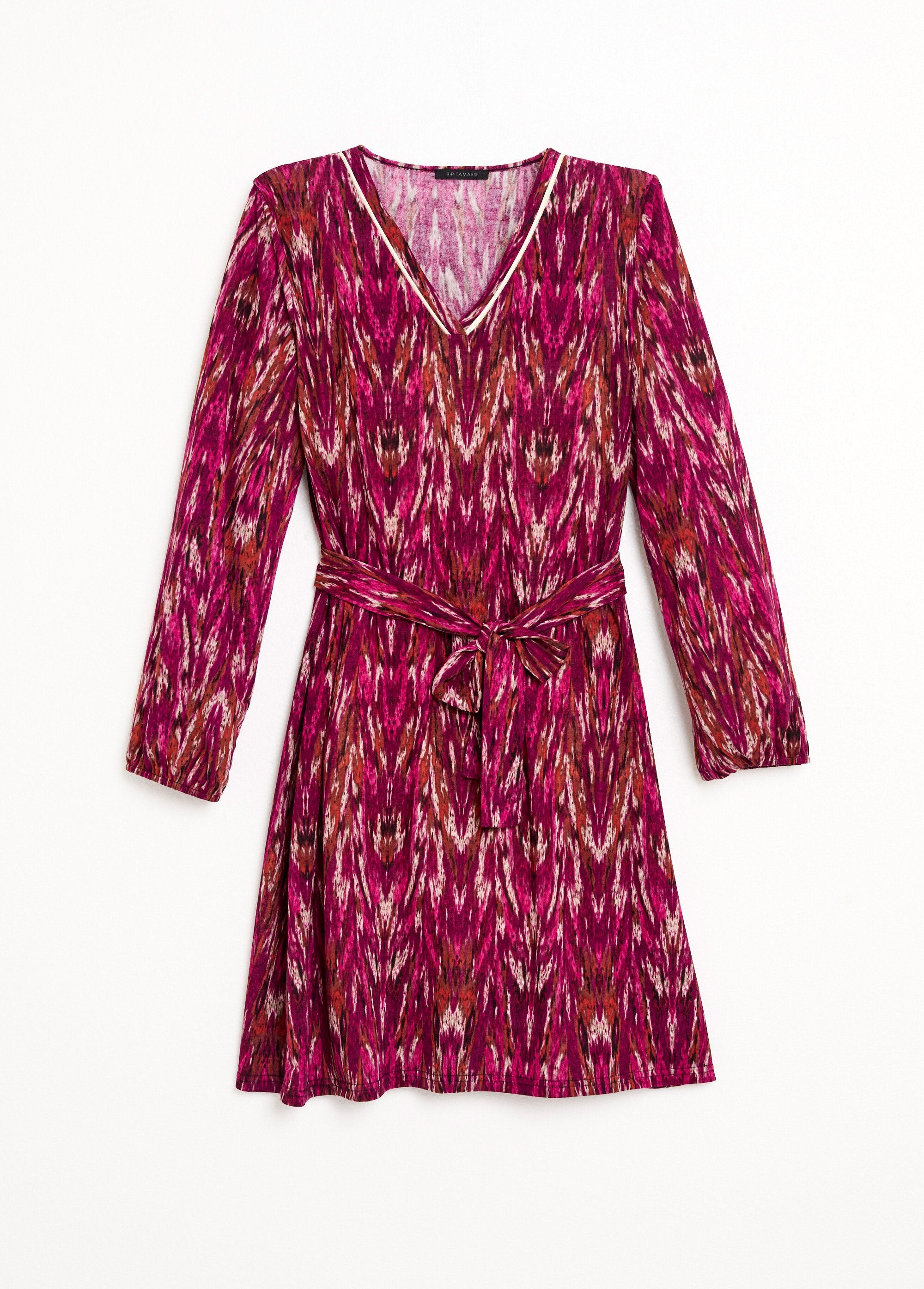 Korte_jurk_met_V-hals_en_print,_lange_mouwen_Cassis_et_beige_AP1_slim