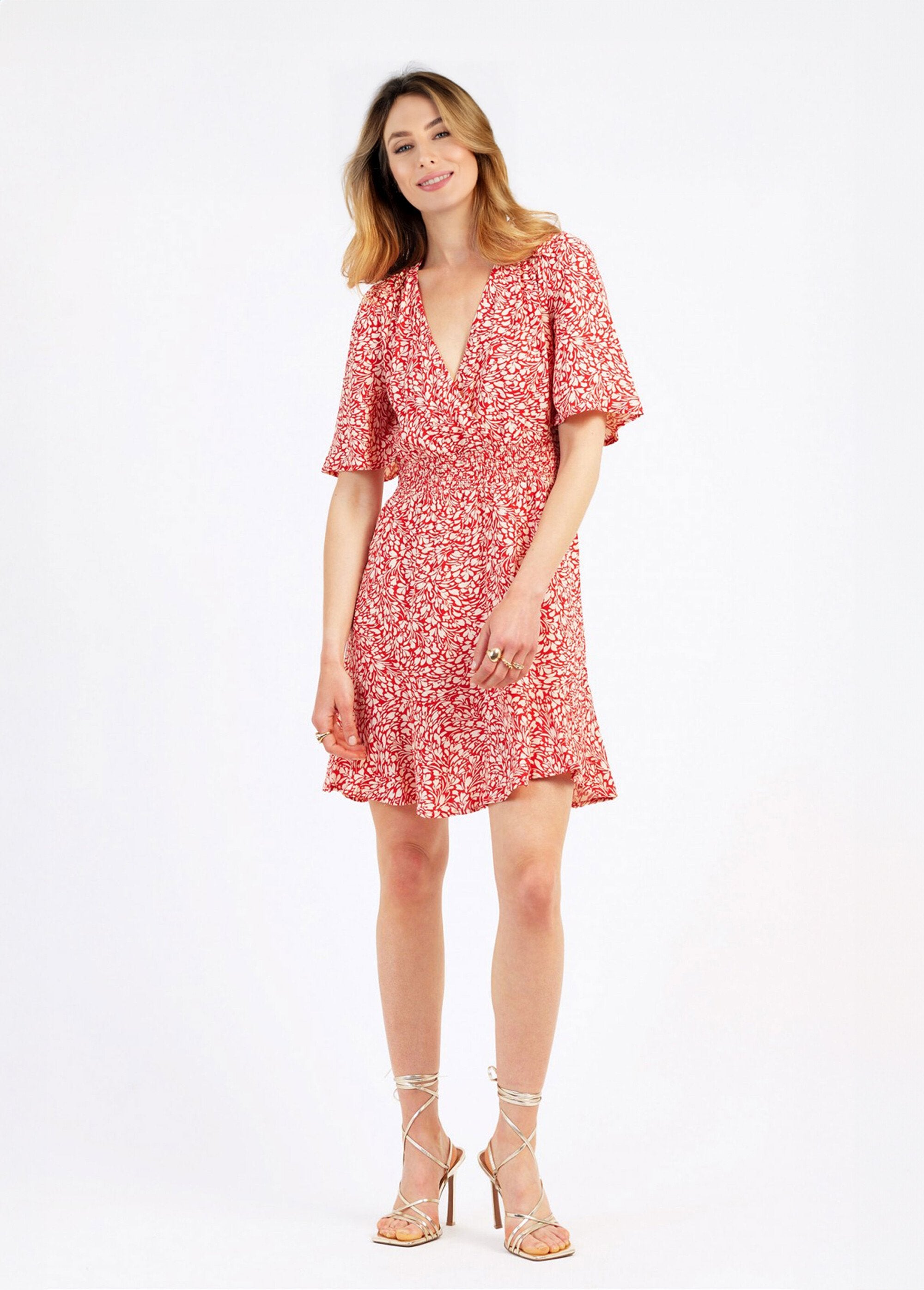 Korte_jurk_met_print_en_elastische_taille_Rode_afdrukken_FA1_slim