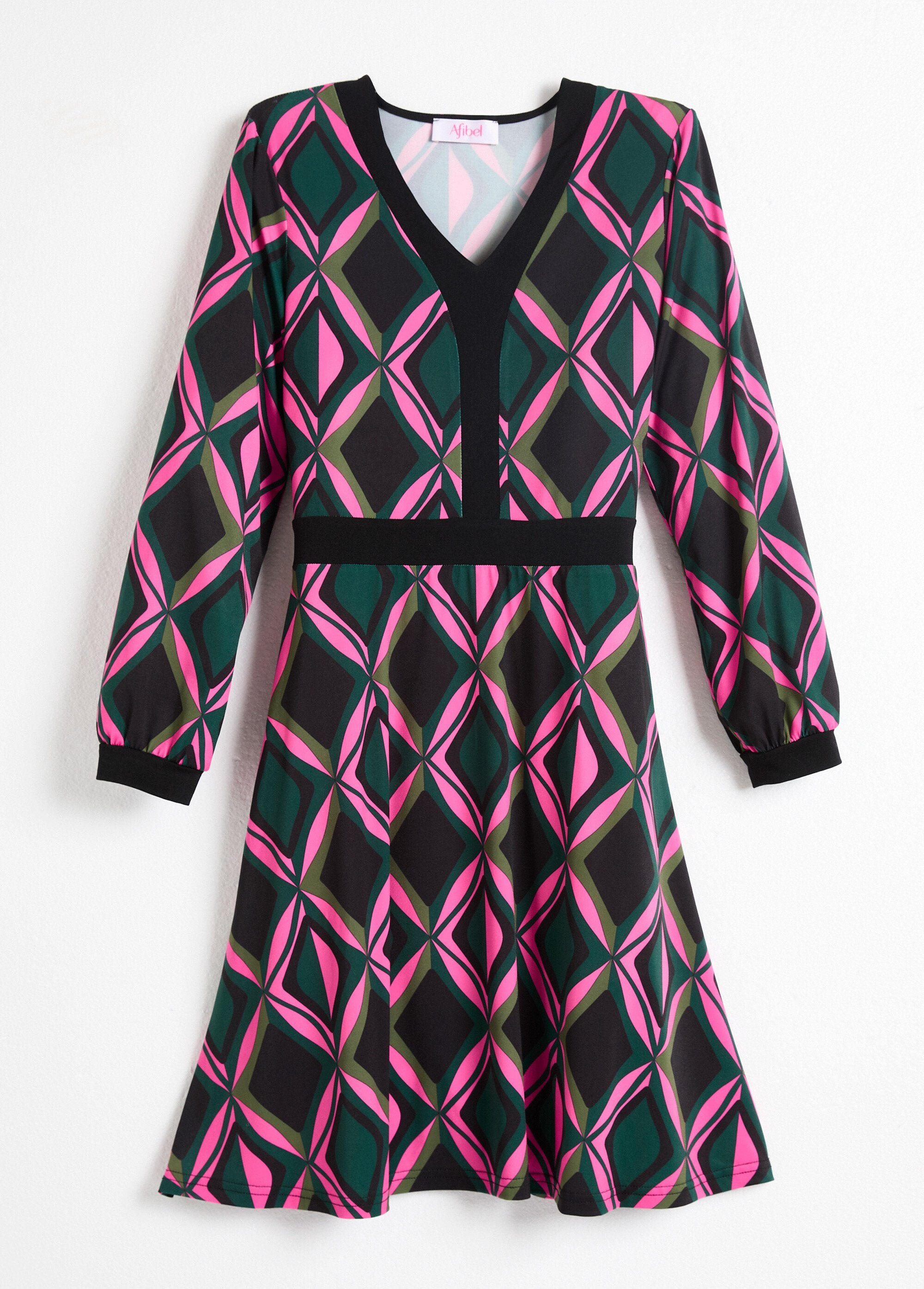 Robe_évasée_courte_graphique_col_V_Rose_et_vert_AP1_slim