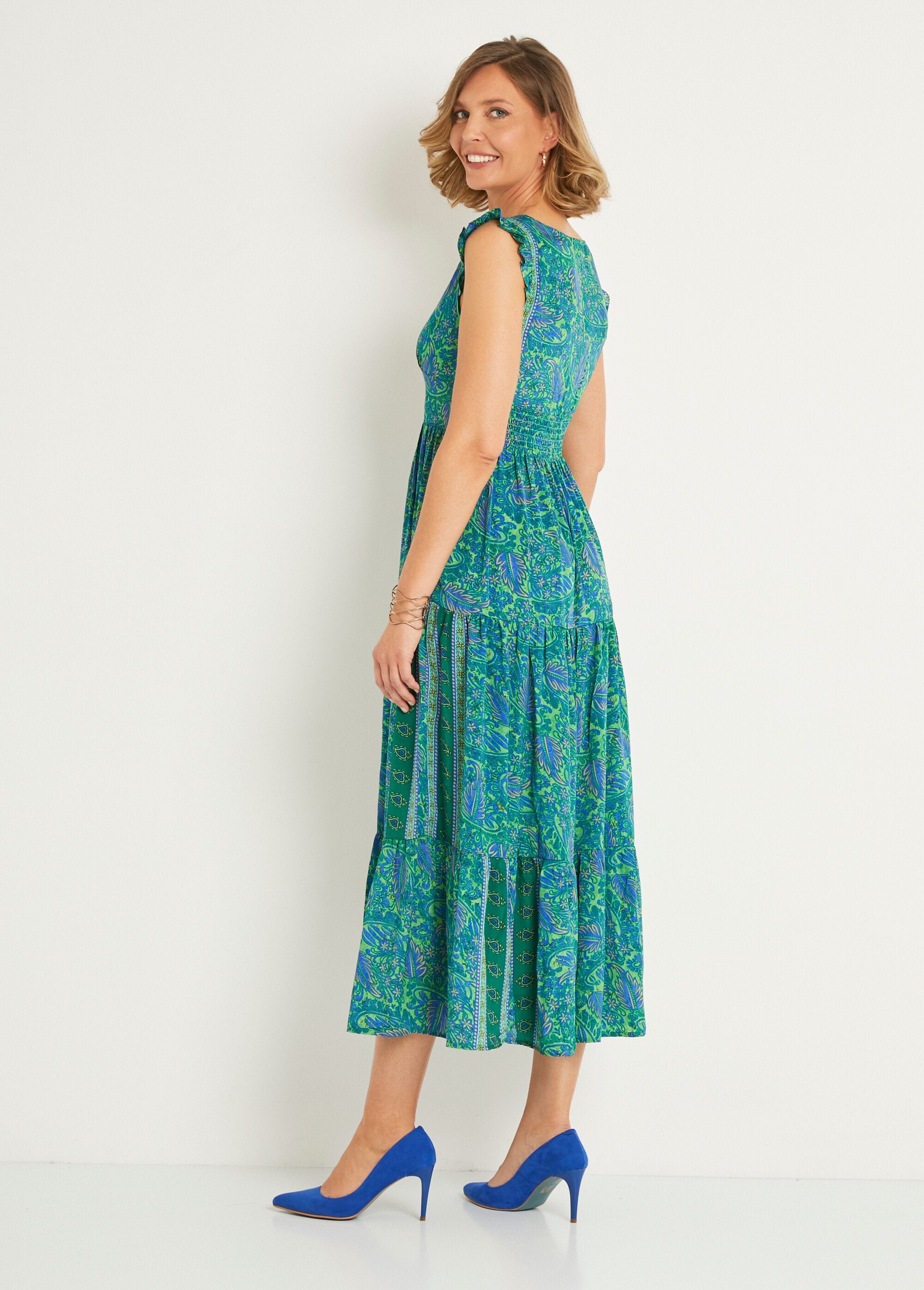 Maxi-jurk_met_korte_mouwen_en_ruches_Vert_et_bleu_DO1_slim